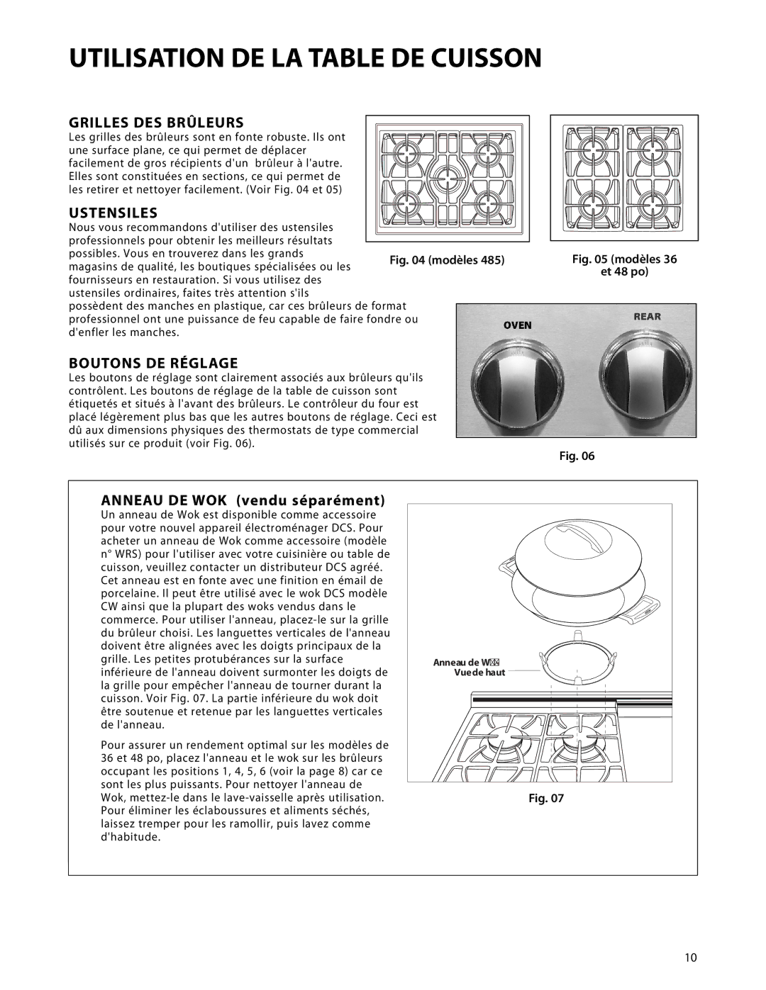 DCS CP-484GG, CP-485GD, CP-486GL, CP-366, CP-364GL, CP-486GD, CP-364GD Grilles DES Brûleurs, Ustensiles, Boutons DE Réglage 