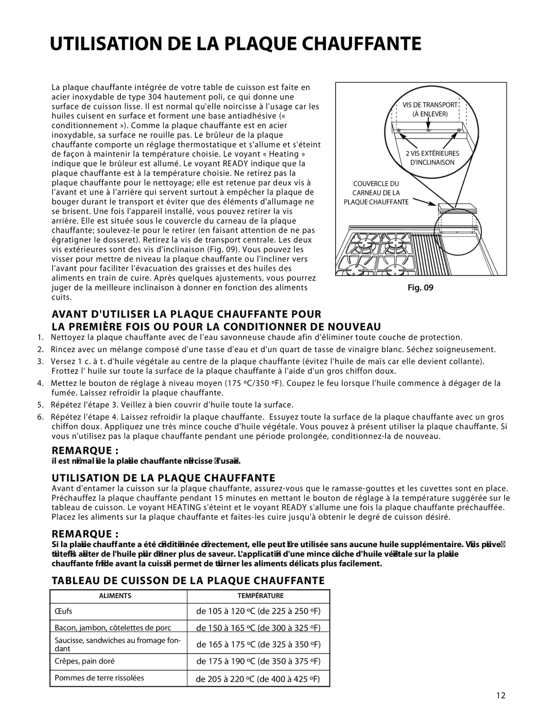 DCS CP-486GL, CP-484GG, CP-485GD, CP-366 Utilisation DE LA Plaque Chauffante, Tableau DE Cuisson DE LA Plaque Chauffante 