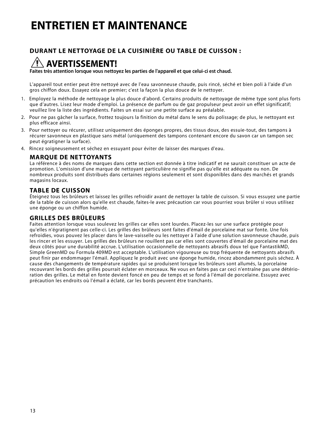 DCS CP-366 manual Entretien ET Maintenance, Durant LE Nettoyage DE LA Cuisinière OU Table DE Cuisson, Marque DE Nettoyants 