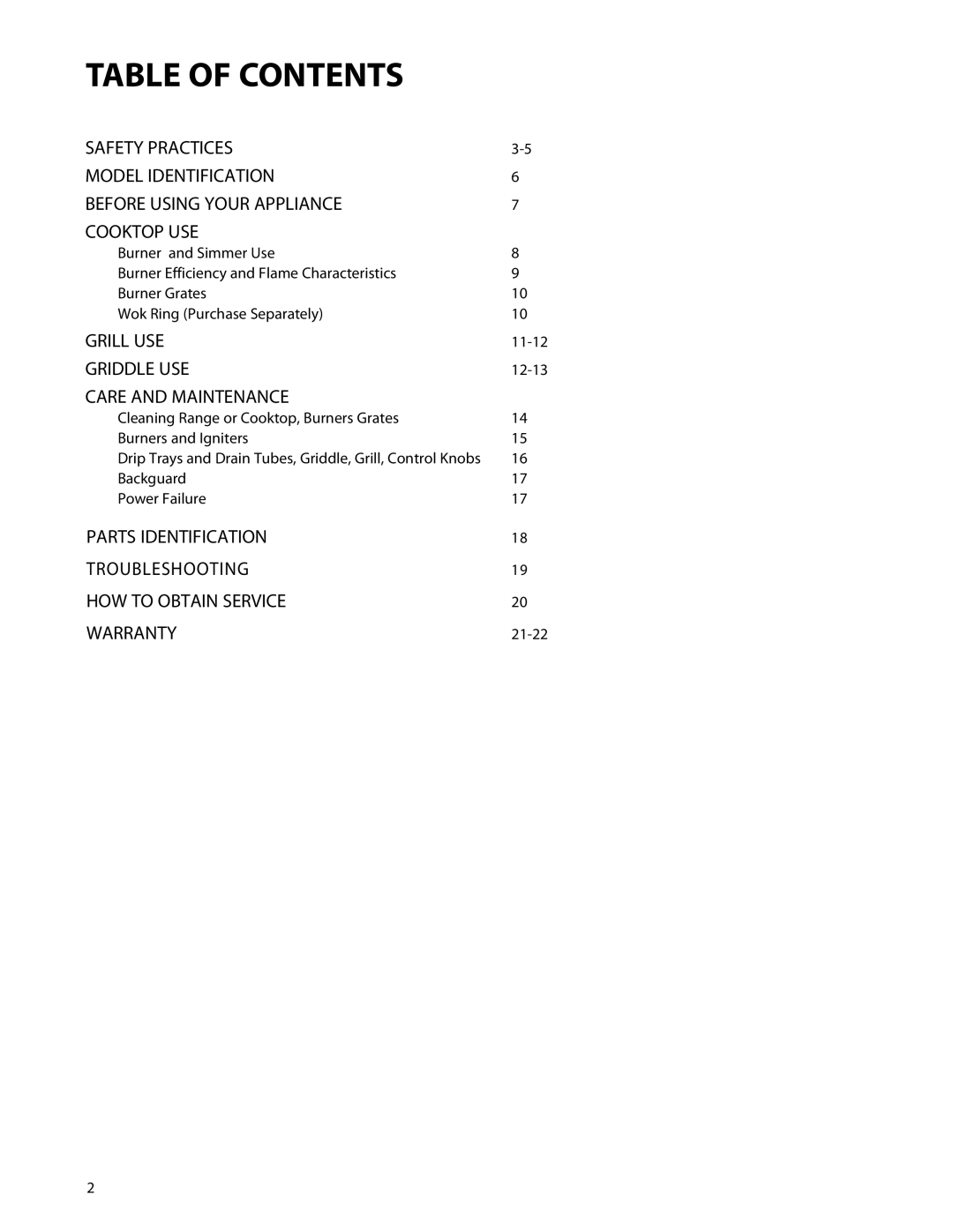 DCS CP-364GL, CP-484GG, CP-485GD, CP-486GL, CP-366, CP-486GD, CP-364GD manual Table of Contents 