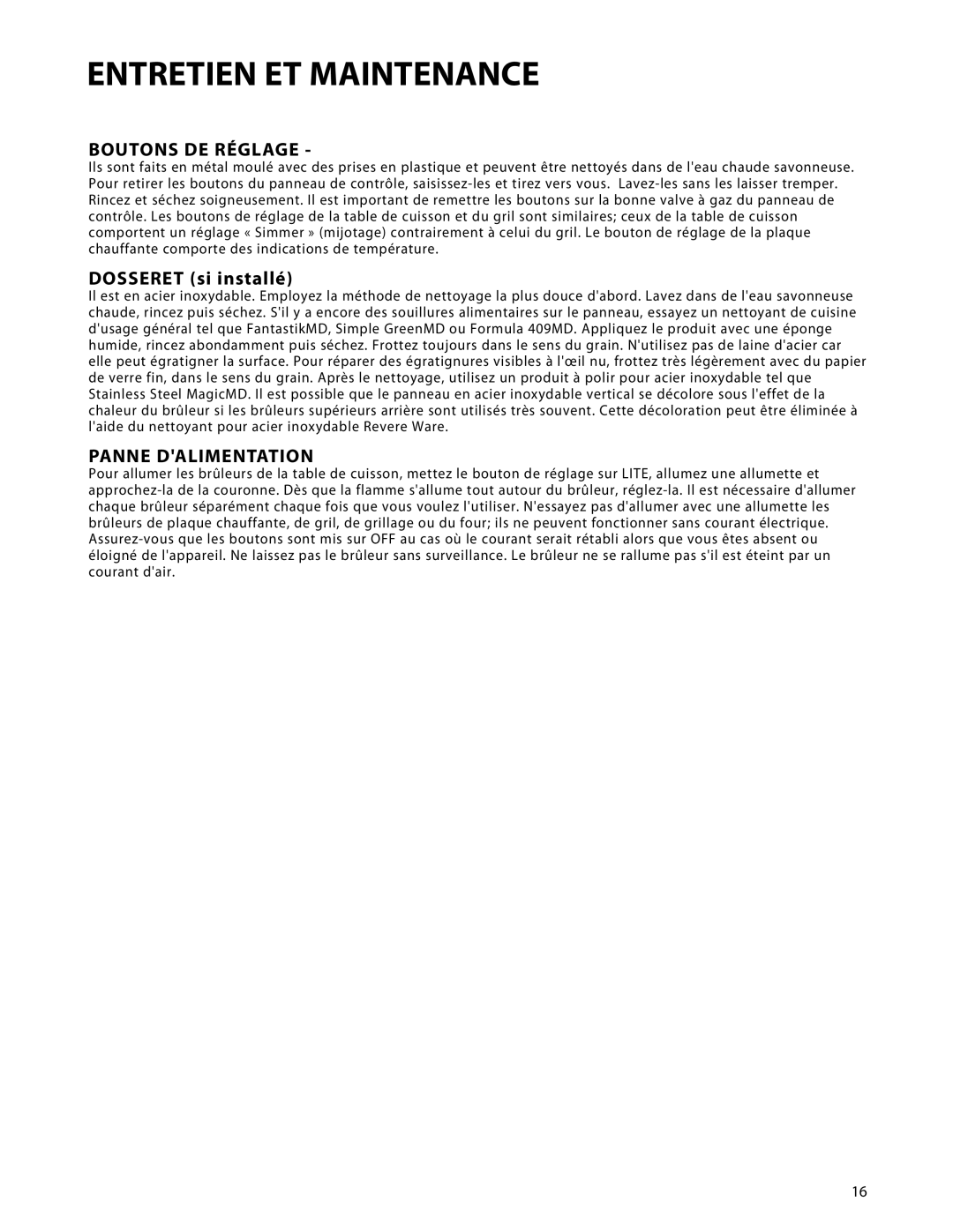 DCS CP-364GD, CP-484GG, CP-485GD, CP-486GL, CP-366, CP-364GL, CP-486GD manual Dosseret si installé, Panne Dalimentation 