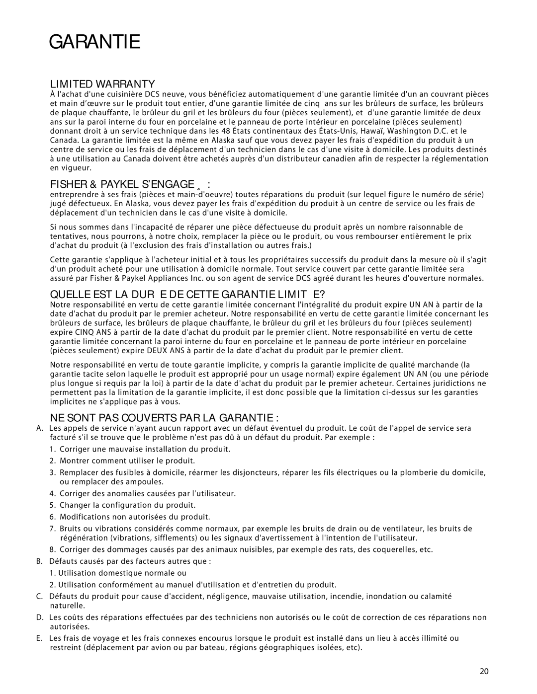 DCS CP-366, CP-484GG, CP-485GD, CP-486GL manual Fisher & Paykel Sengage À, Quelle EST LA Durée DE Cette Garantie LIMITÉE? 