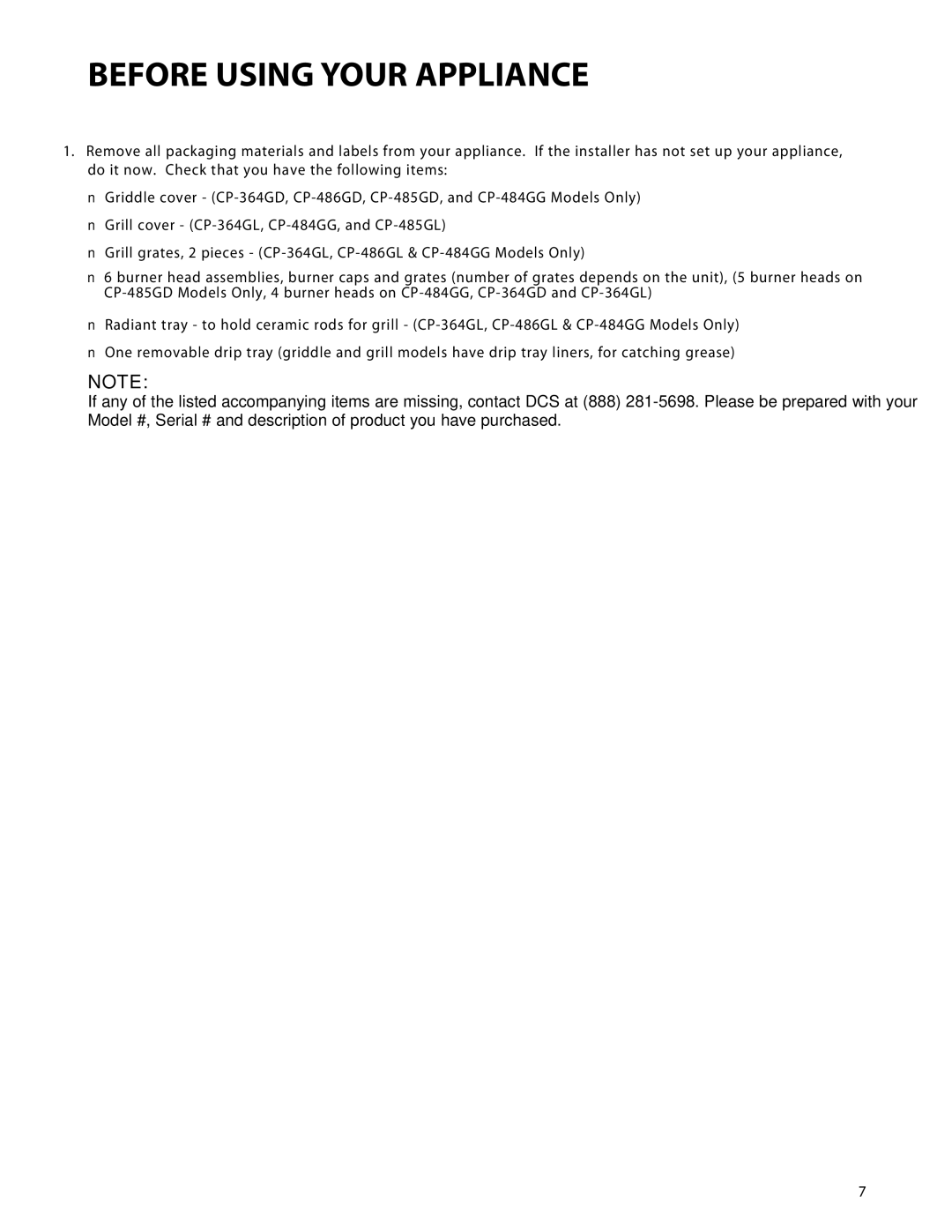DCS CP-486GL, CP-484GG, CP-485GD, CP-366, CP-364GL, CP-486GD, CP-364GD manual Before Using Your Appliance 