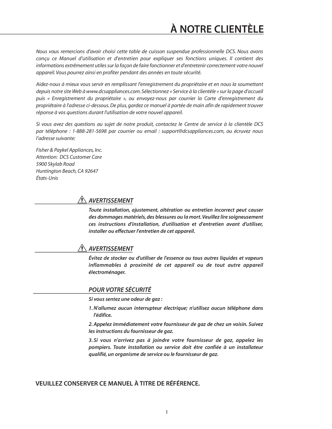 DCS CT-365WT, CT-304WT, CT-304SS, CT-304BK, CT-365BK manual Notre Clientèle, Veuillez Conserver CE Manuel À Titre DE Référence 