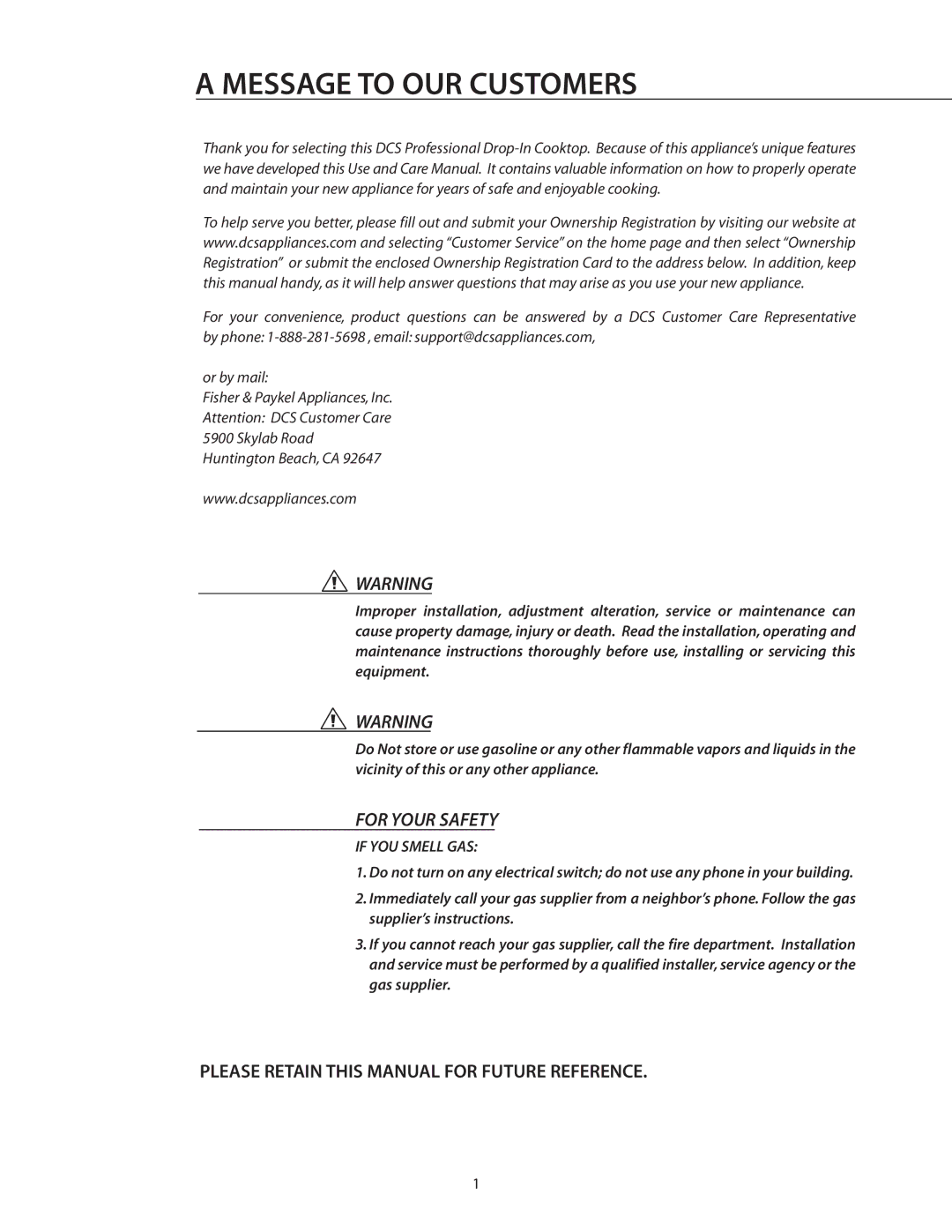 DCS CT-304BK, CT-304WT, CT-304SS, CT-365BK, CT-365WT Message to OUR Customers, Please Retain this Manual for Future Reference 