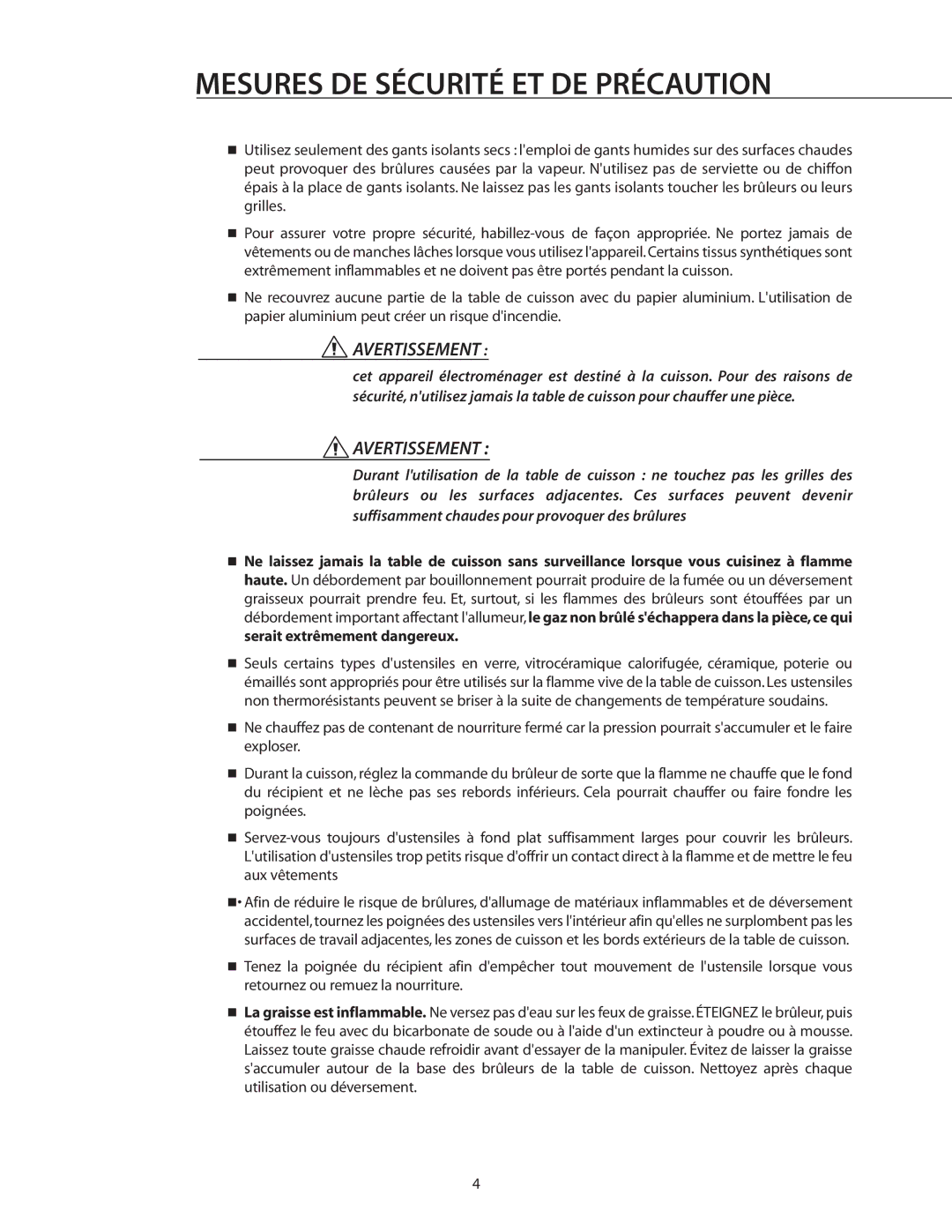 DCS CT-304BK, CT-304WT, CT-304SS, CT-365BK, CT-365WT manual Mesures DE Sécurité ET DE Précaution 