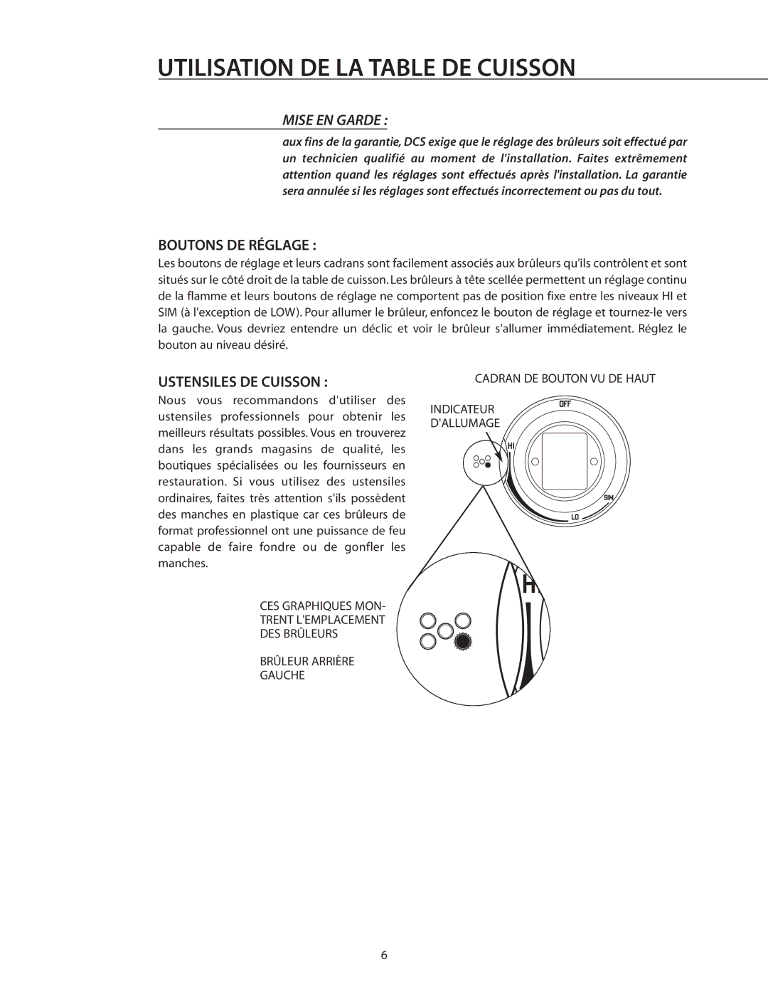 DCS CT-365WT, CT-304WT, CT-304SS, CT-304BK Utilisation DE LA Table DE Cuisson, Boutons DE Réglage, Ustensiles DE Cuisson 