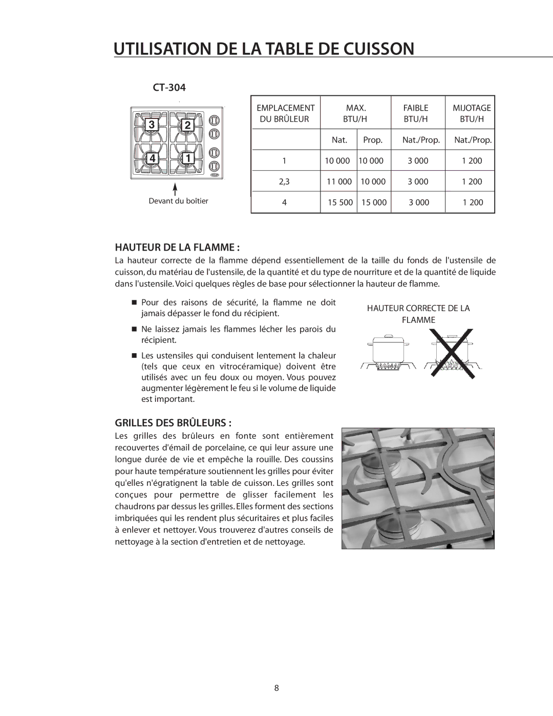 DCS CT-304SS, CT-304WT, CT-304BK, CT-365BK, CT-365WT manual Hauteur DE LA Flamme, Grilles DES Brûleurs 