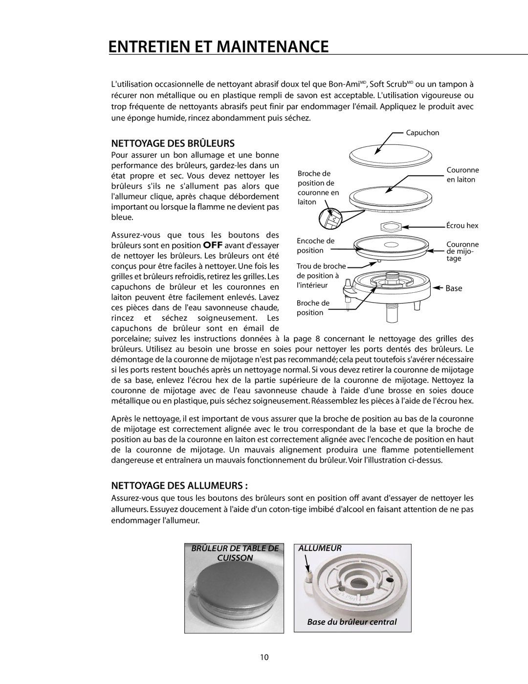 DCS CT-365BK, CT-304WT, CT-304SS, CT-304BK, CT-365WT manual Nettoyage DES Brûleurs, Nettoyage DES Allumeurs 