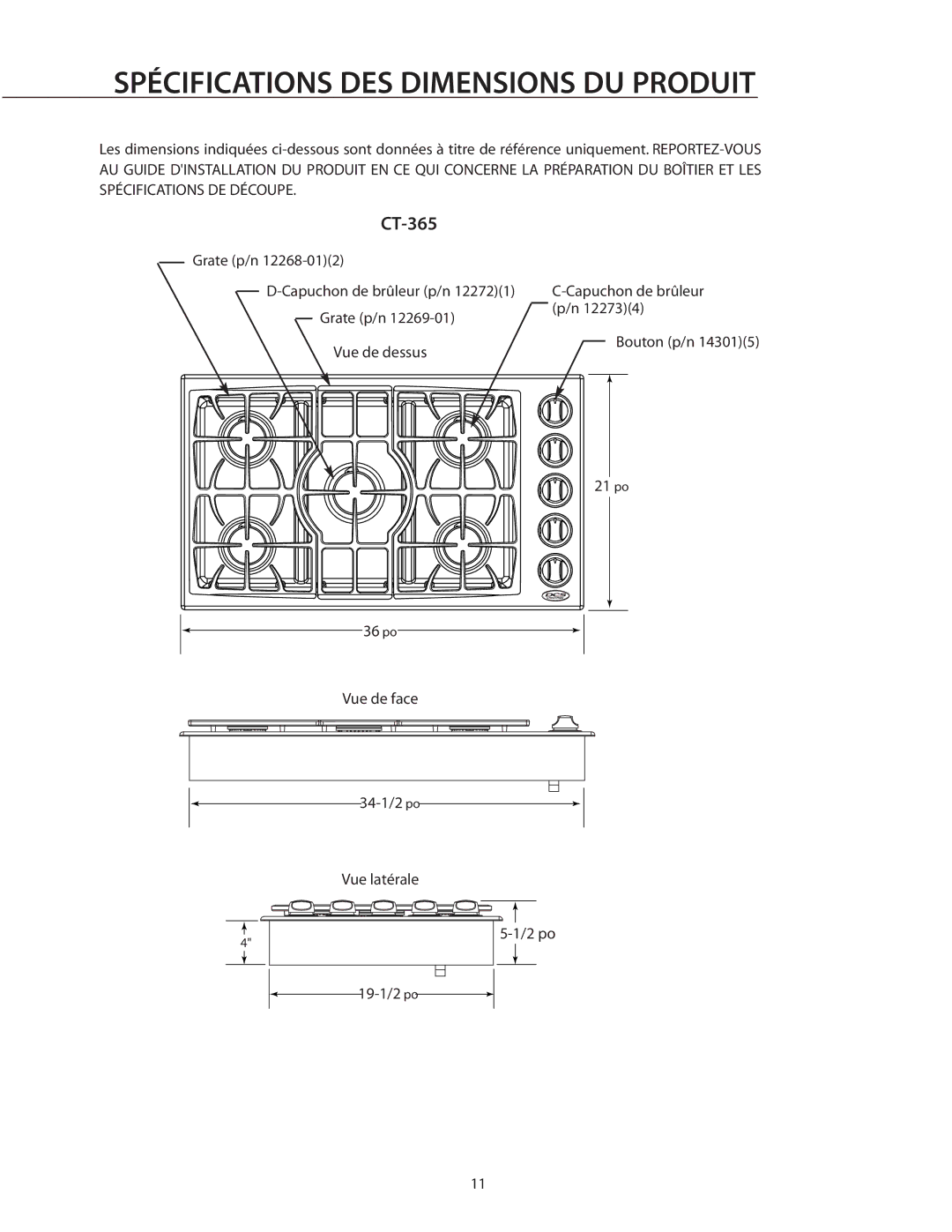 DCS CT-365WT, CT-304WT, CT-304SS, CT-304BK, CT-365BK manual Spécifications DES Dimensions DU Produit 