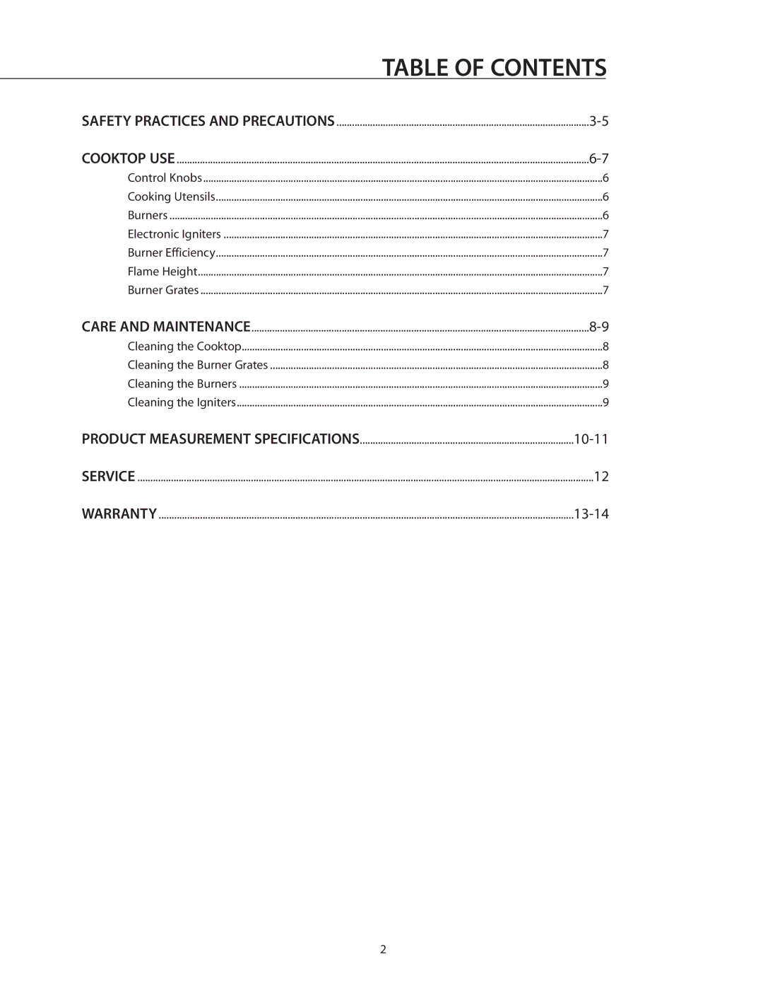 DCS CT-365BK, CT-304WT, CT-304SS, CT-304BK, CT-365WT manual Table of Contents 