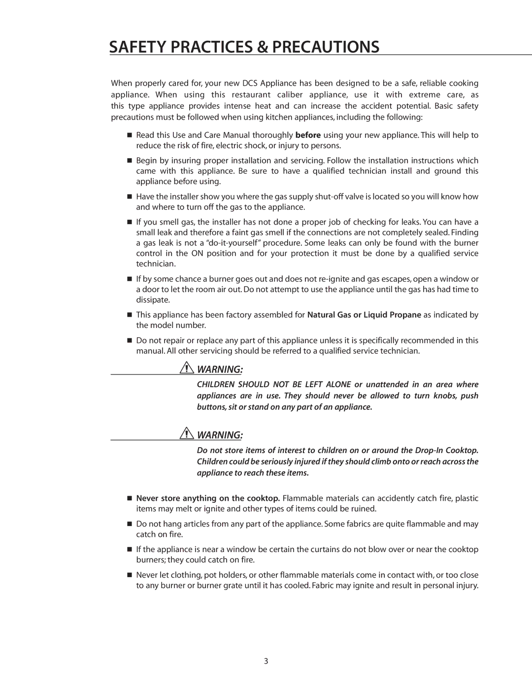 DCS CT-365WT, CT-304WT, CT-304SS, CT-304BK, CT-365BK manual Safety Practices & Precautions 