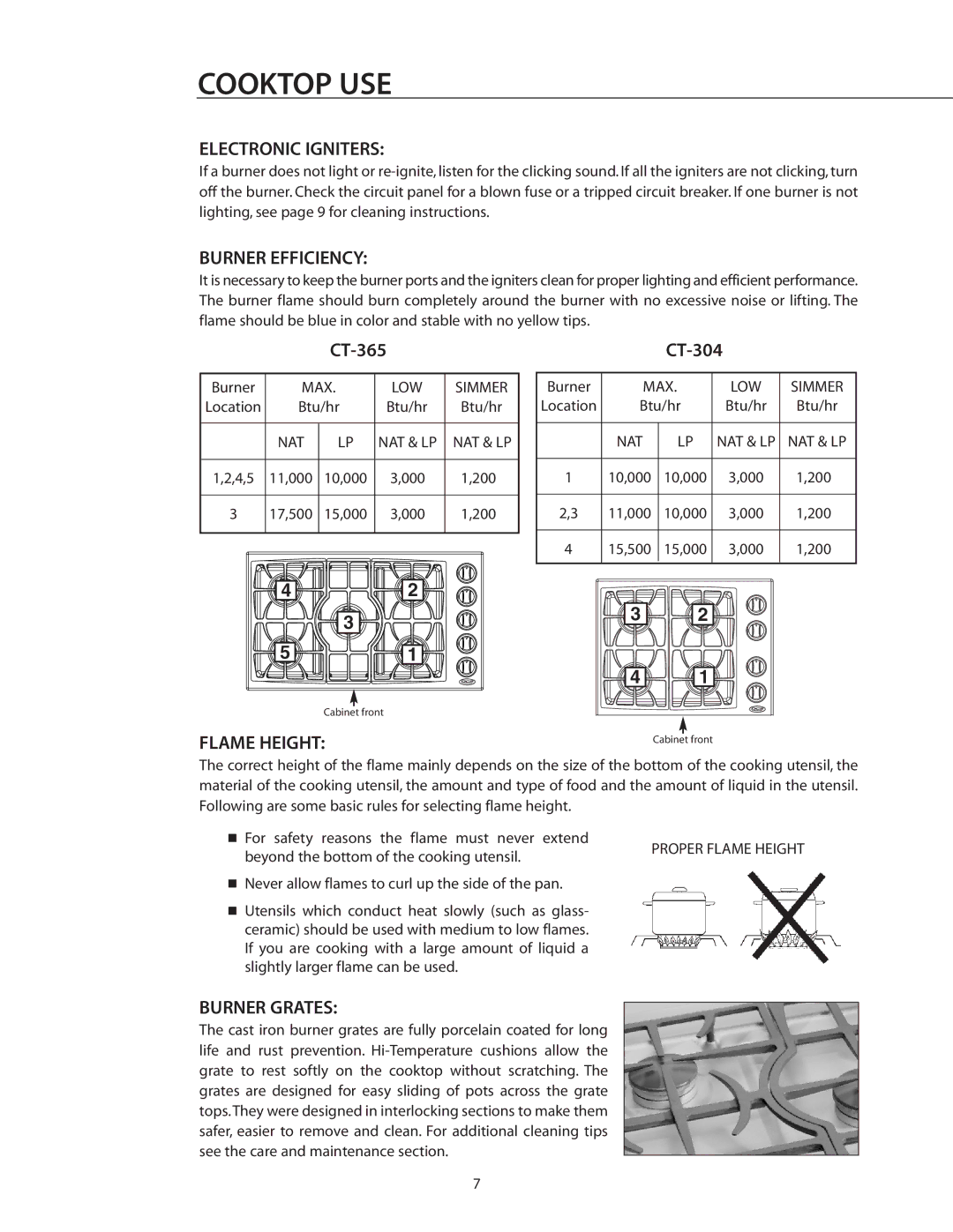 DCS CT-365BK, CT-304WT, CT-304SS, CT-304BK, CT-365WT manual Electronic Igniters, Burner Efficiency, Flame Height, Burner Grates 