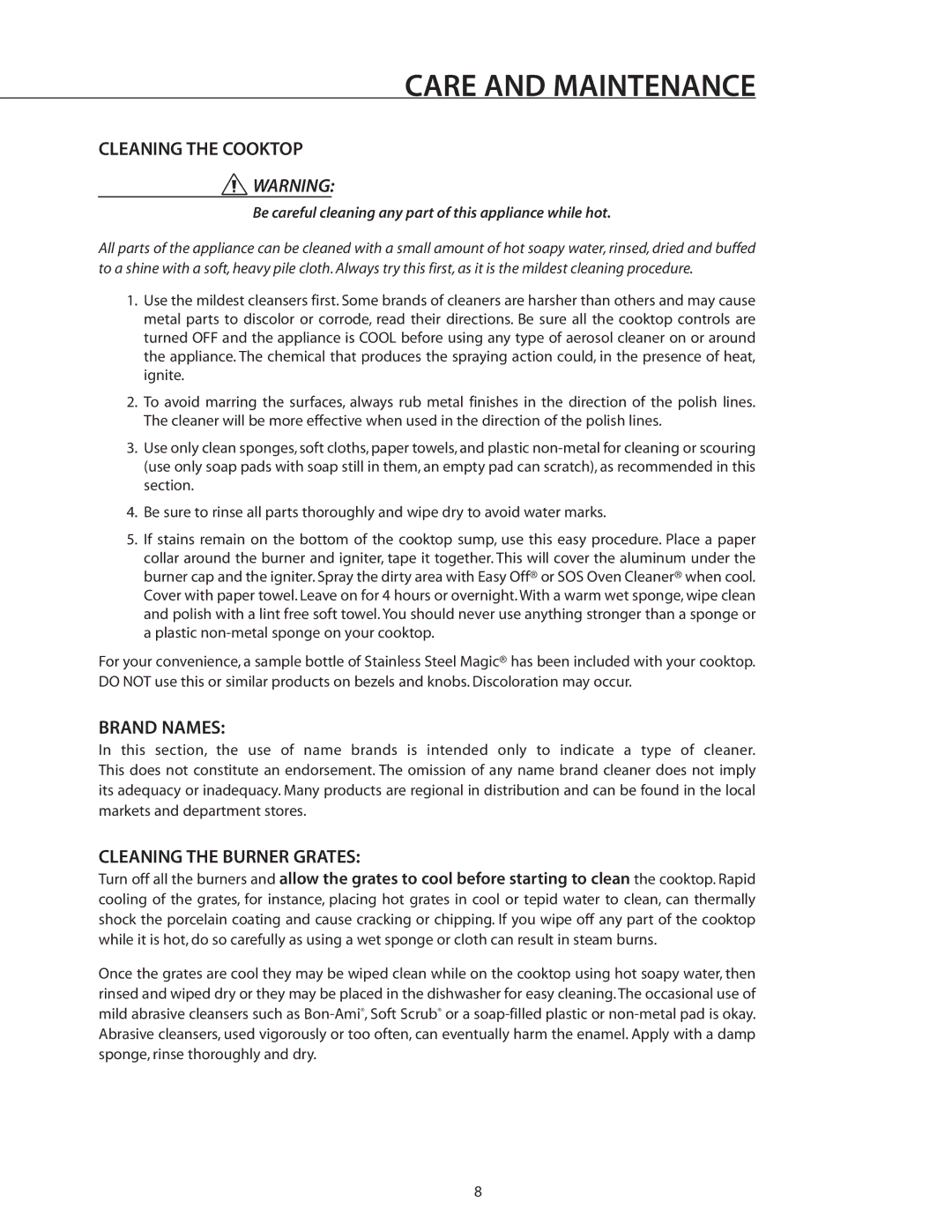 DCS CT-365WT, CT-304WT, CT-304SS manual Care and Maintenance, Cleaning the Cooktop, Brand Names, Cleaning the Burner Grates 