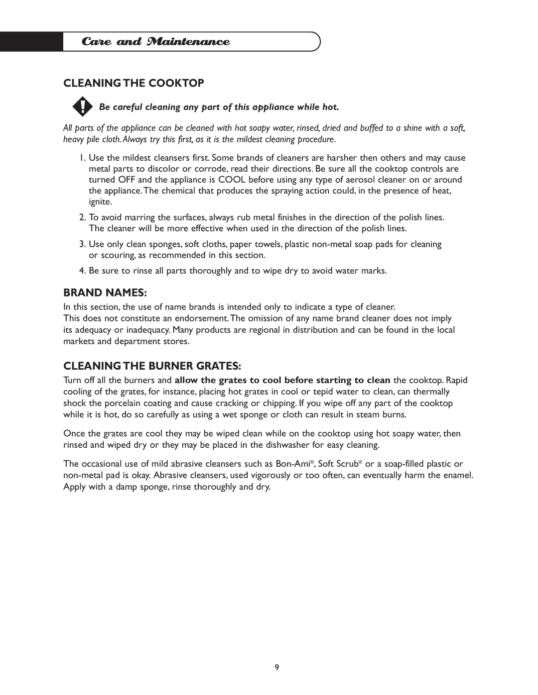 DCS CT-365BL, CT-365GN manual Care and Maintenance, Cleaning the Cooktop, Brand Names, Cleaning the Burner Grates 