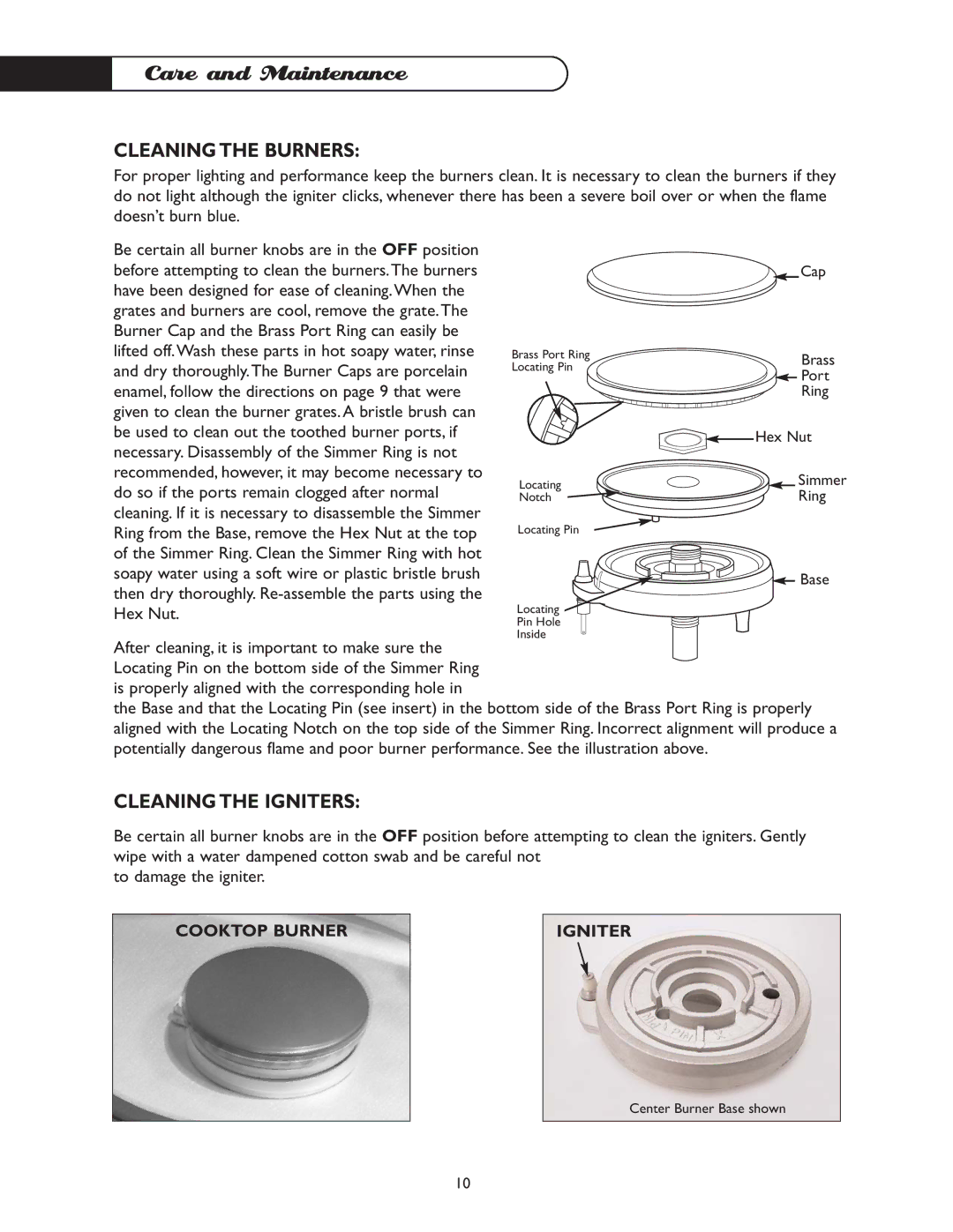 DCS CT-365GN, CT-365BL manual Cleaning the Burners, Cleaning the Igniters 