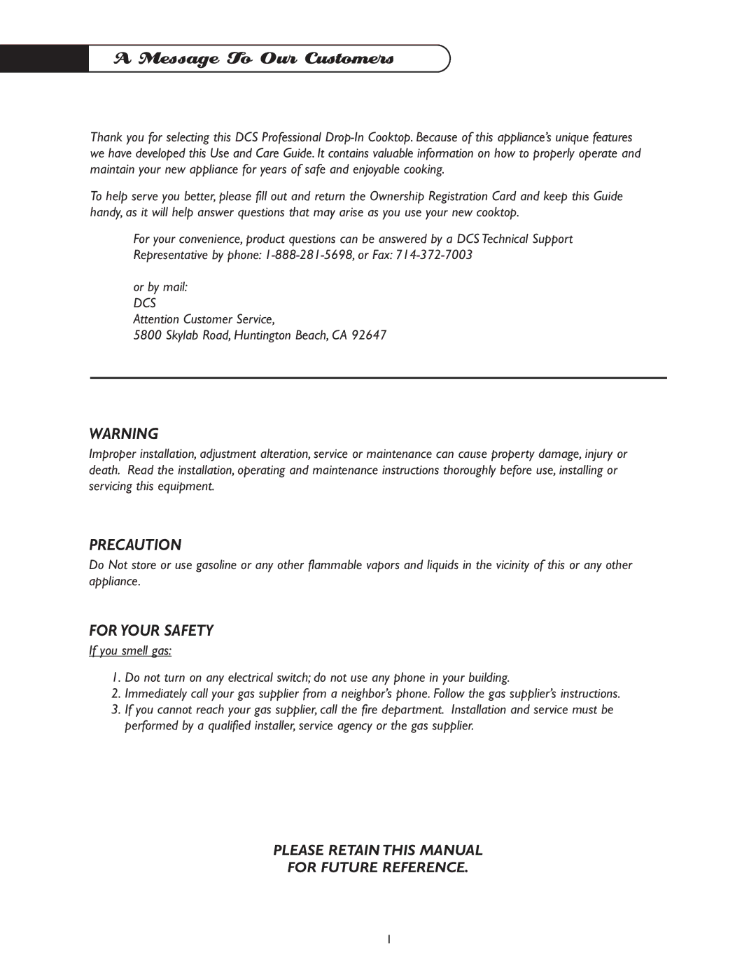 DCS CT-365BL, CT-365GN manual Message To Our Customers, Dcs 