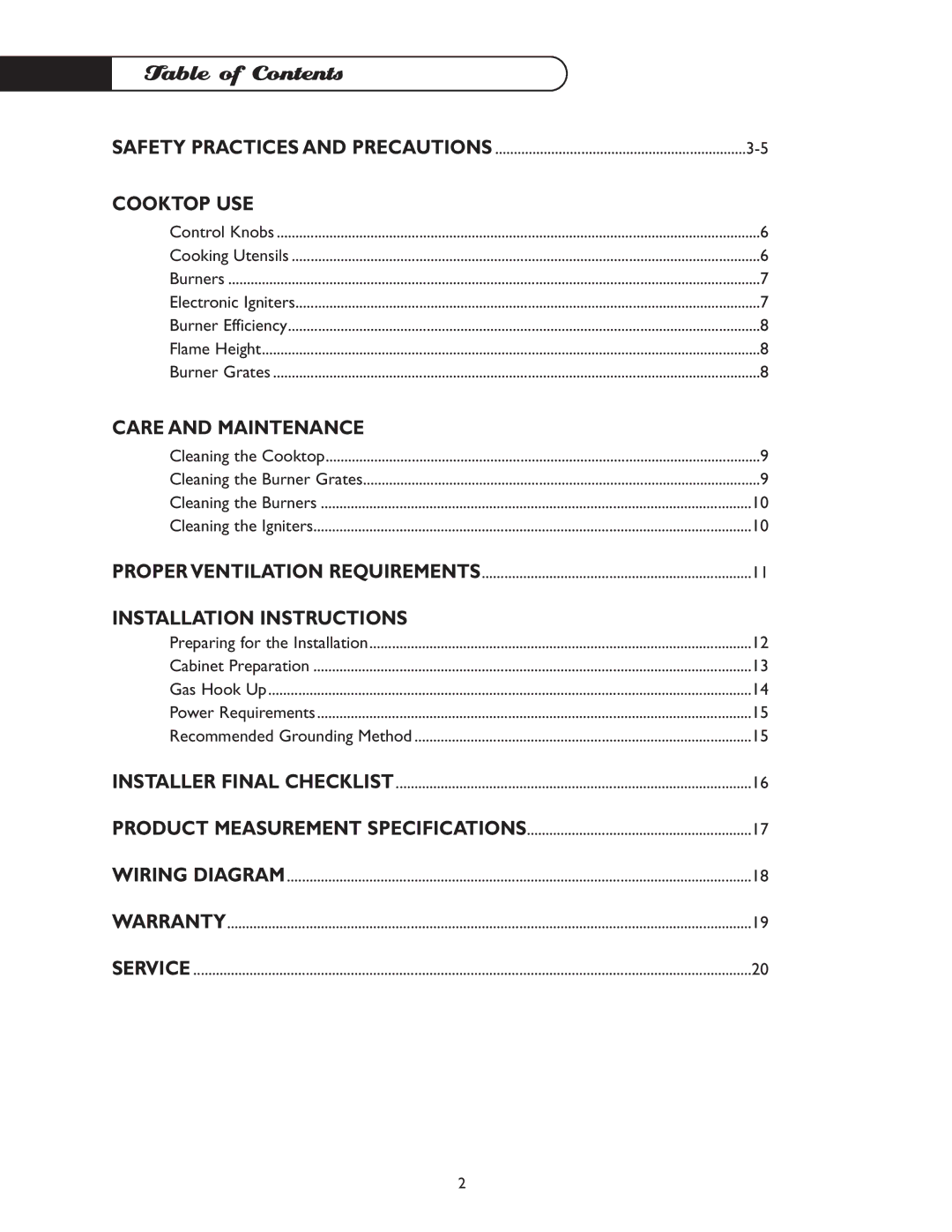 DCS CT-365GN, CT-365BL manual Table of Contents 