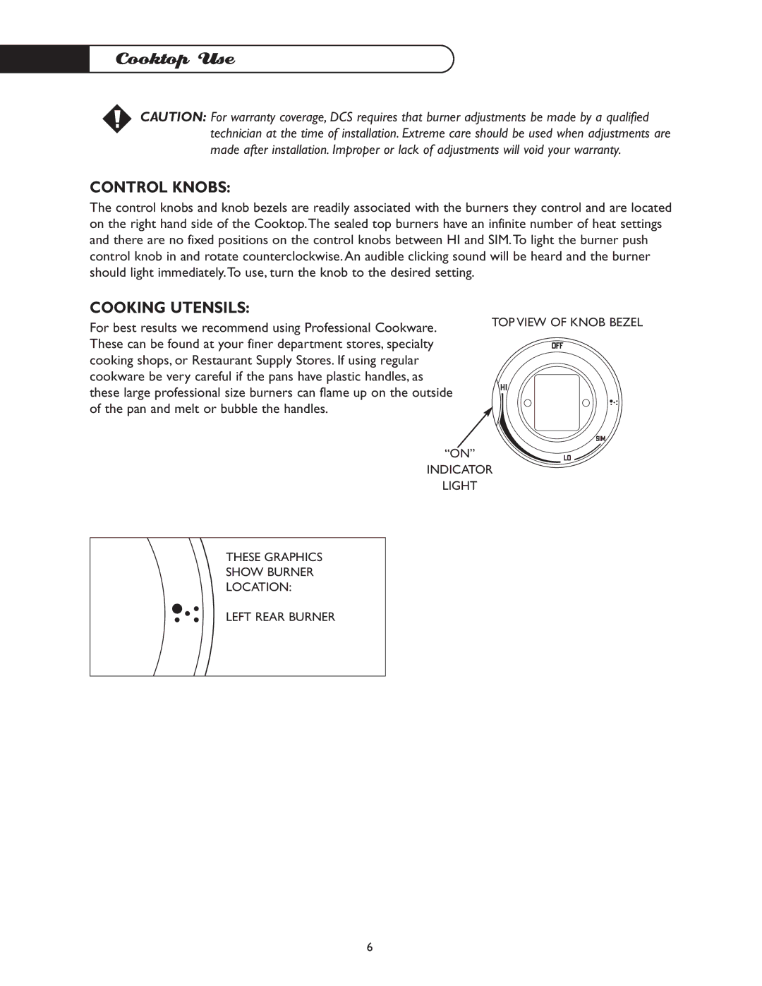 DCS CT-365GN, CT-365BL manual Cooktop Use, Control Knobs, Cooking Utensils 