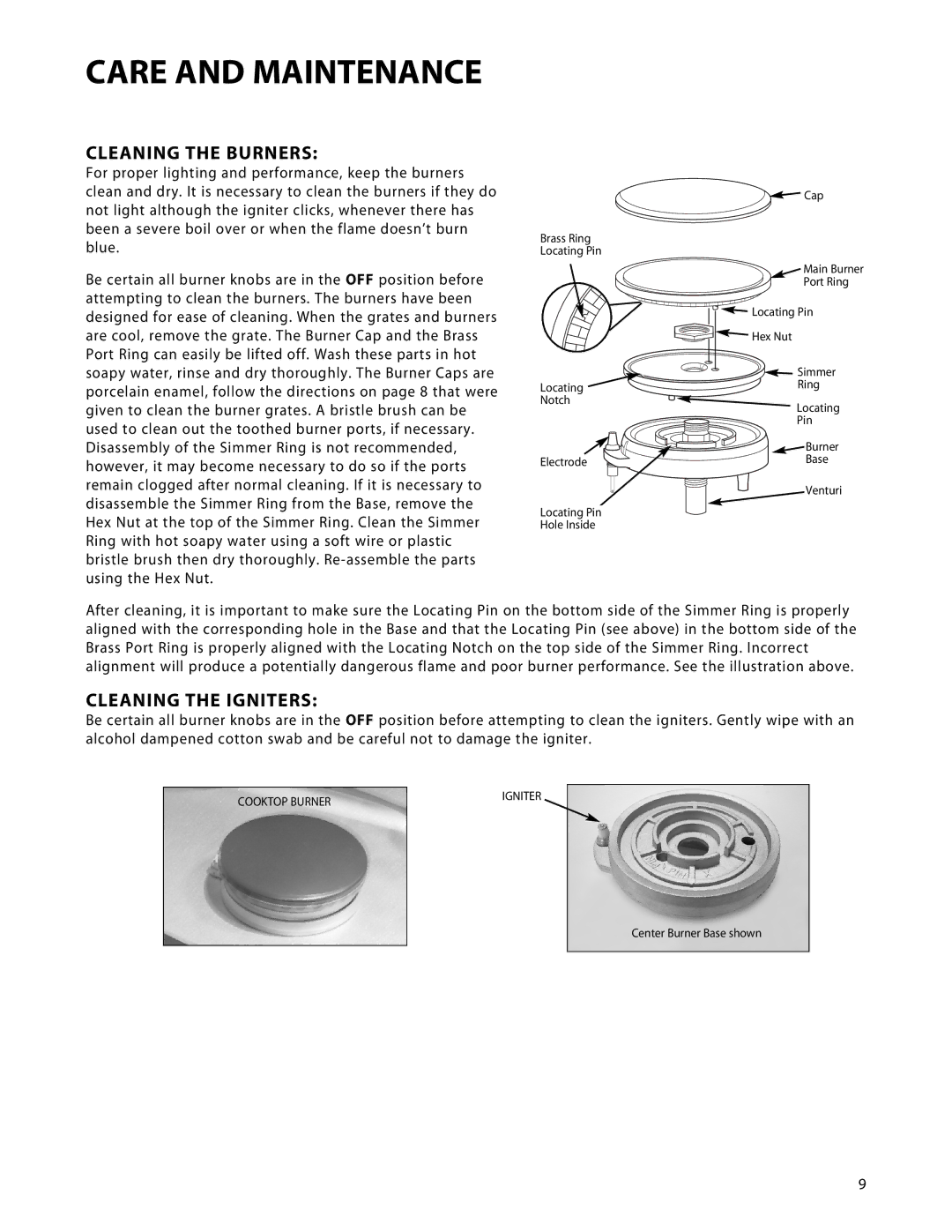 DCS CTD-304, CTD-365 manual Cleaning the Burners, Cleaning the Igniters 