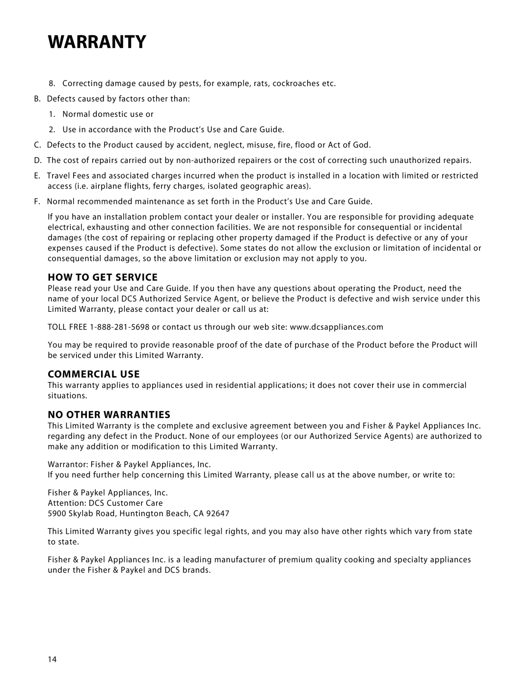 DCS CTD-365, CTD-304 manual HOW to GET Service, Commercial USE, No Other Warranties 