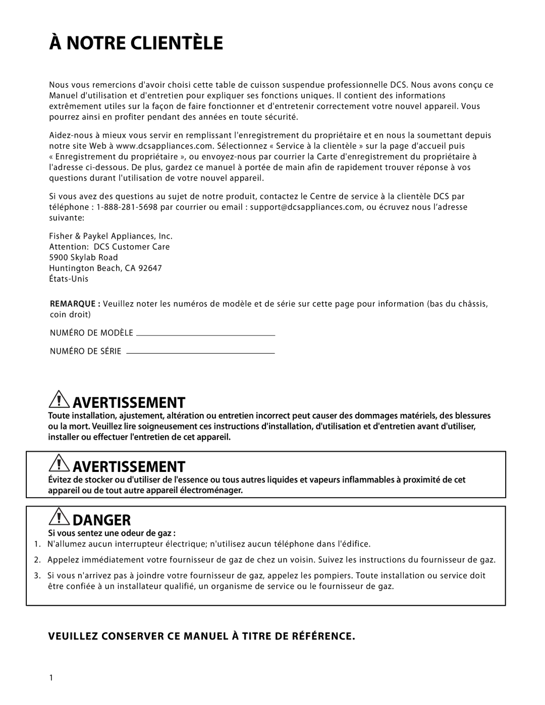 DCS CTD-365, CTD-304 manual Notre Clientèle, Veuillez Conserver CE Manuel À Titre DE Référence 