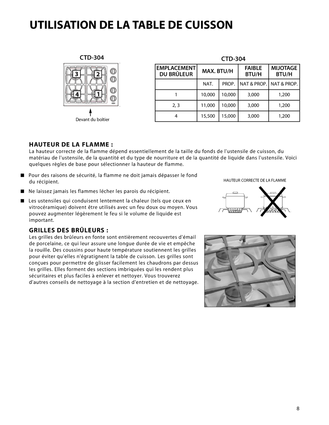 DCS CTD-304, CTD-365 manual Hauteur DE LA Flamme, Grilles DES Brûleurs 