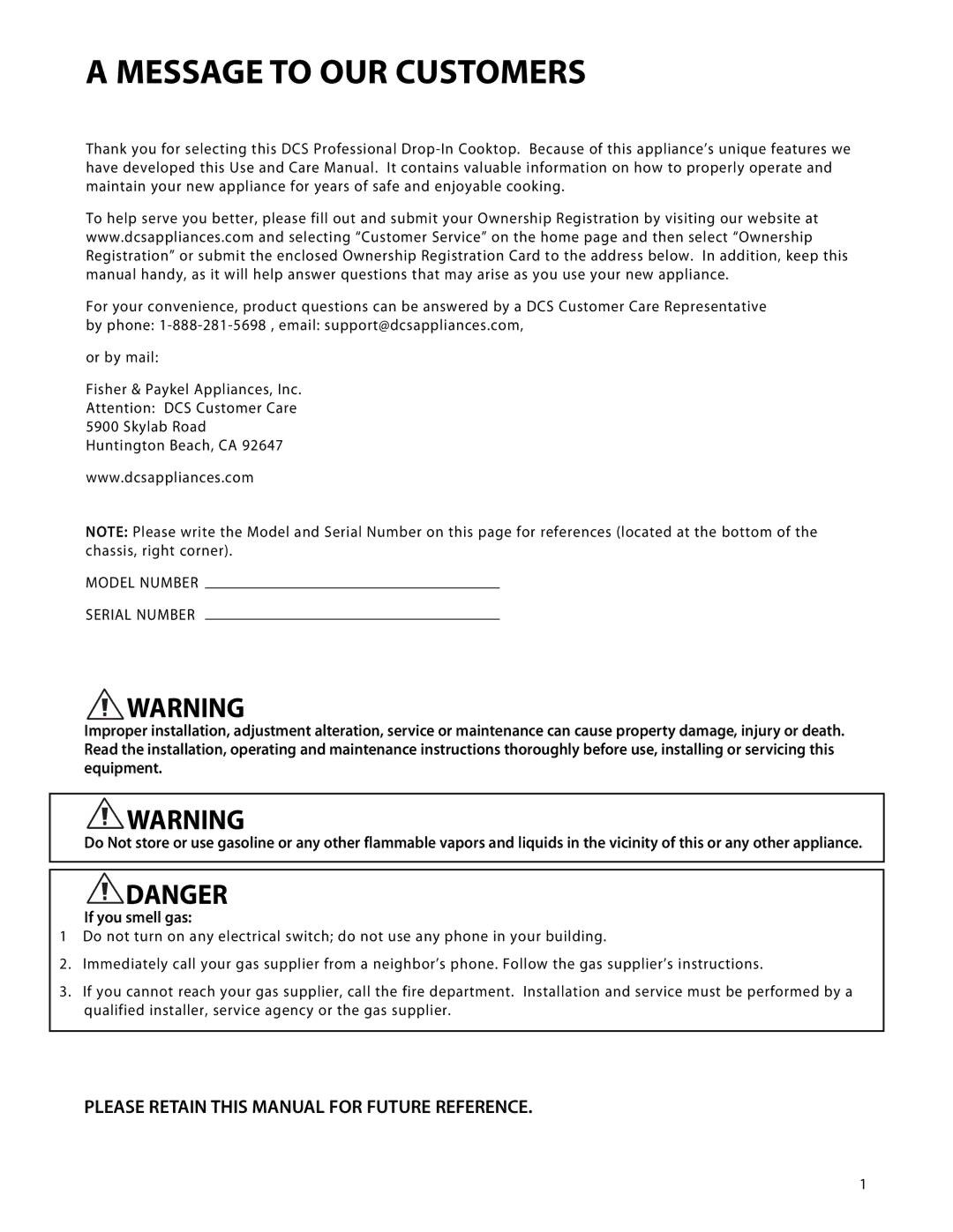 DCS CTD-304, CTD-365 manual Message to OUR Customers, Please Retain this Manual for Future Reference 