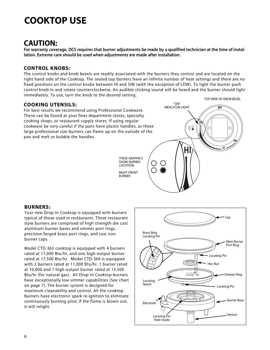 DCS CTD-365, CTD-304 manual Cooktop USE, Control Knobs, Cooking Utensils, Burners 