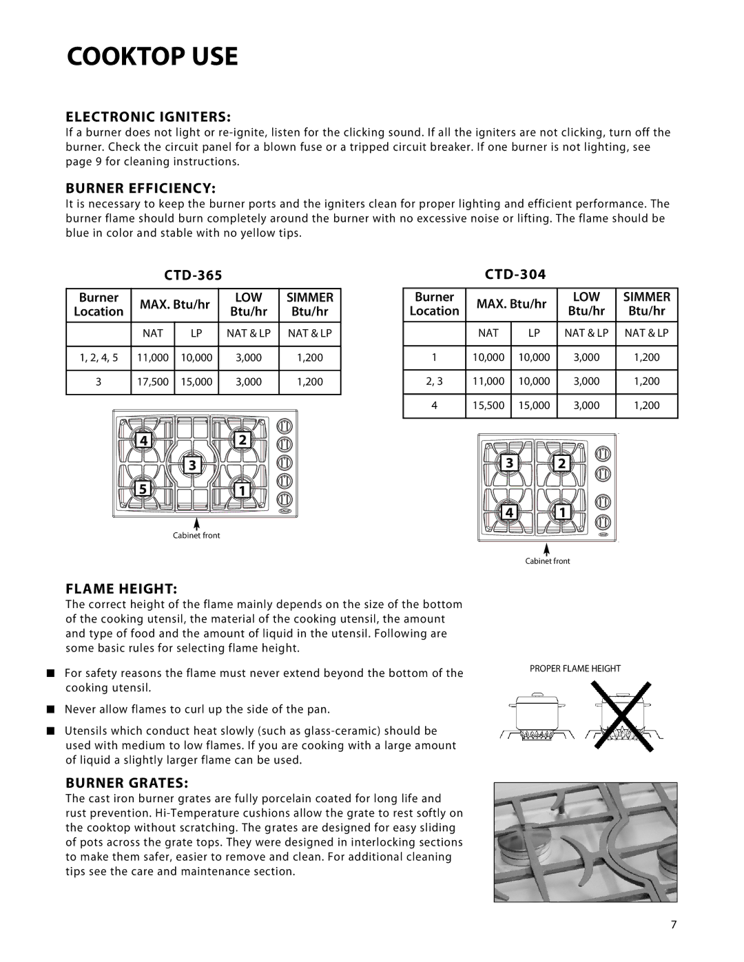 DCS CTD-304, CTD-365 manual Electronic Igniters, Burner Efficiency, Flame Height, Burner Grates 