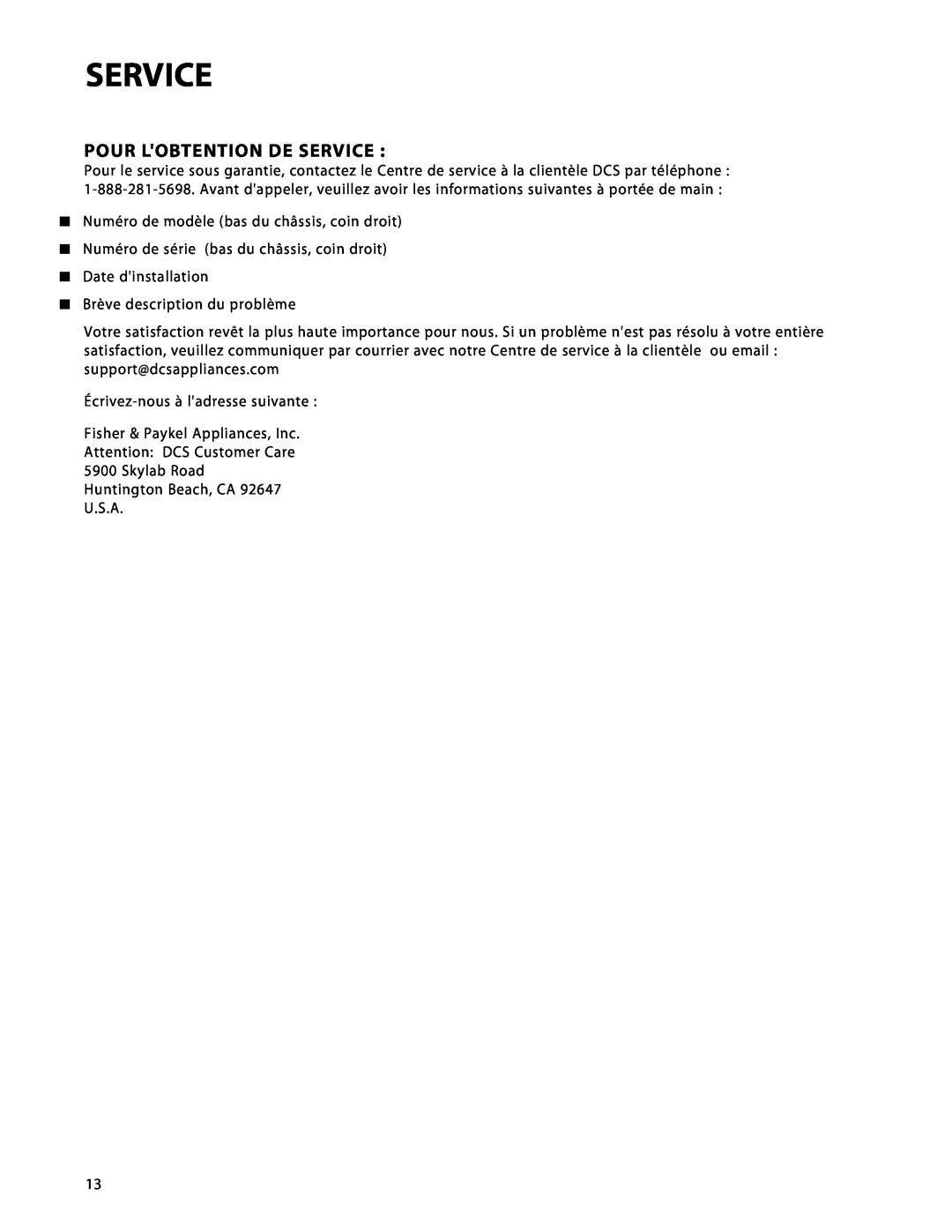 DCS CTD-365, CTD-304 manual Pour Lobtention De Service 