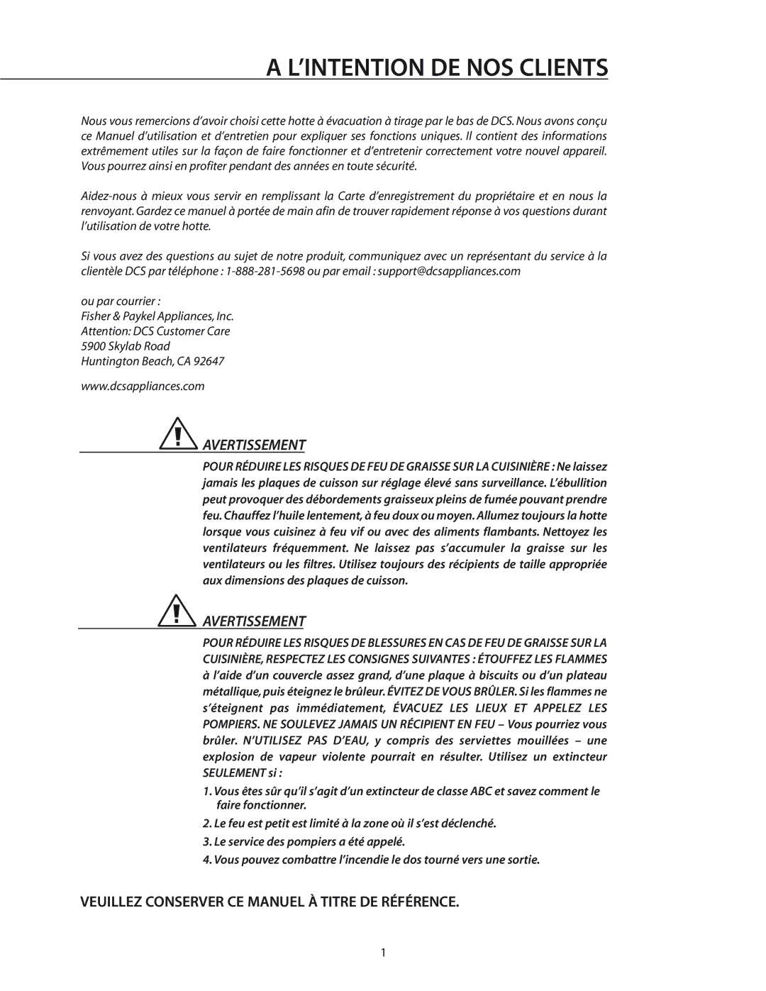 DCS DD-36SS, DD-30SS manual ’INTENTION DE NOS Clients, Veuillez Conserver CE Manuel À Titre DE Référence 