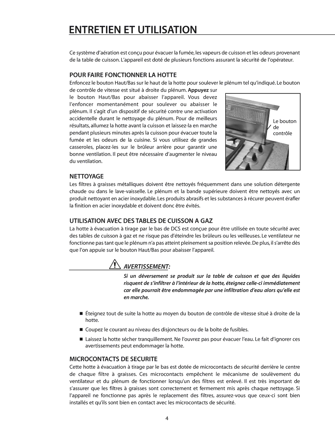 DCS DD-30SS, DD-36SS manual Entretien ET Utilisation, Pour Faire Fonctionner LA Hotte, Nettoyage, Microcontacts DE Securite 