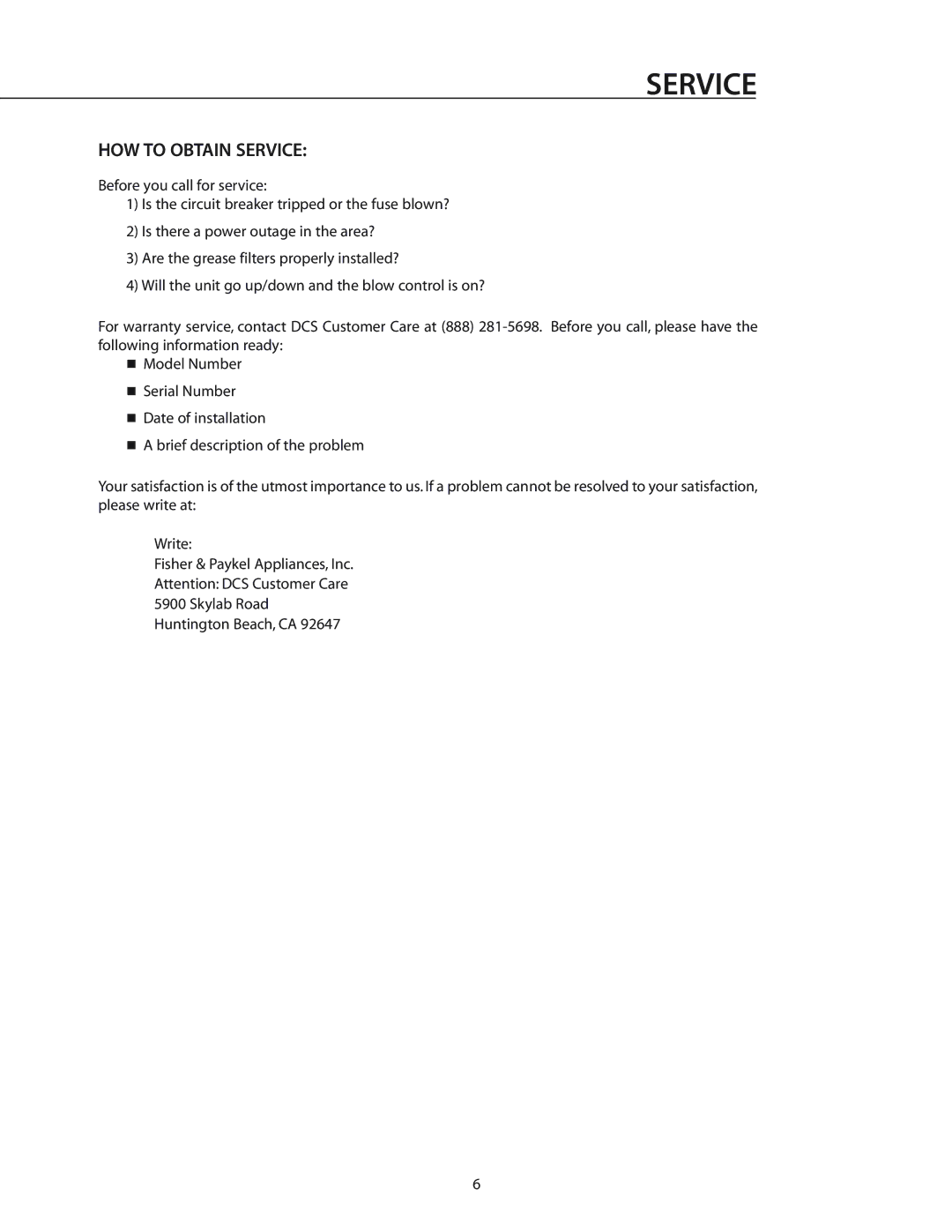 DCS DD-36SS, DD-30SS manual HOW to Obtain Service 