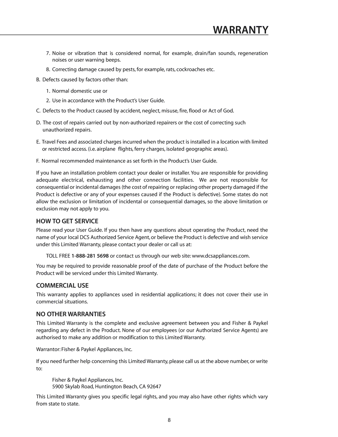 DCS DD-36SS, DD-30SS manual HOW to GET Service, Commercial USE, No Other Warranties 