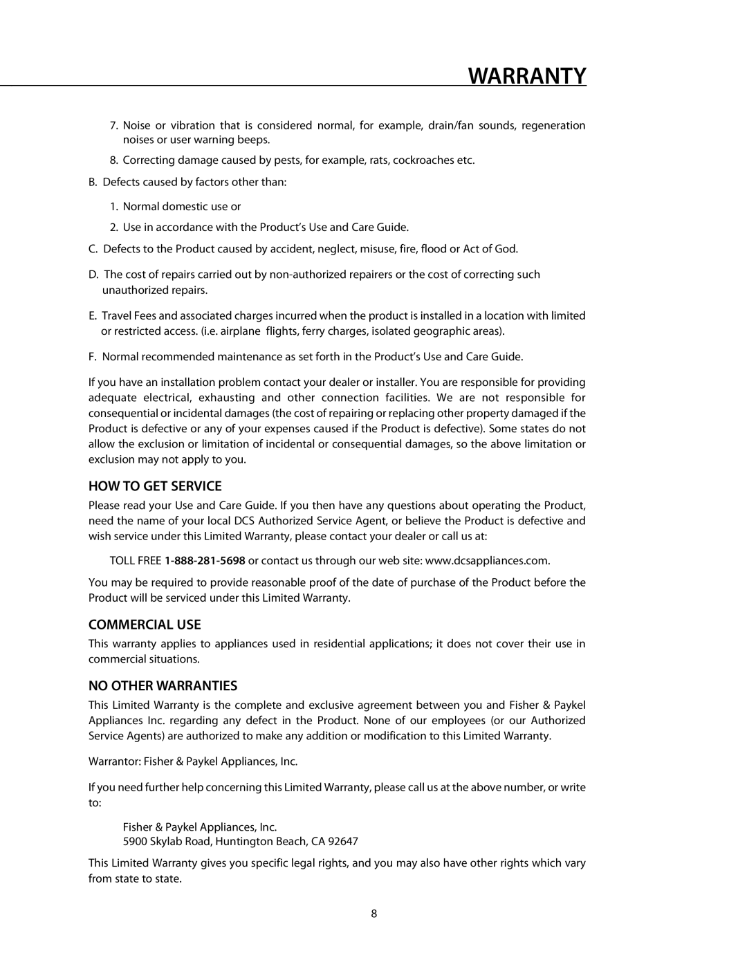 DCS DD-30SS, DD-36SS manual HOW to GET Service, Commercial USE, No Other Warranties 