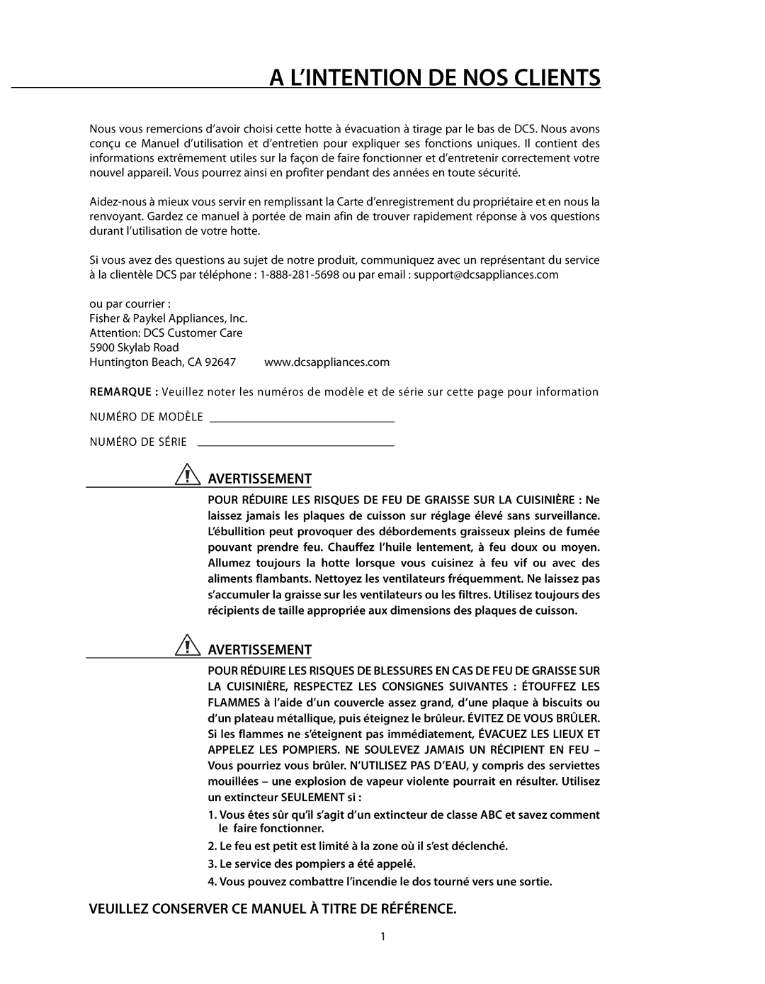 DCS DD-30SS, DD-36SS manual ’INTENTION DE NOS Clients, Avertissement, Veuillez Conserver CE Manuel À Titre DE Référence 