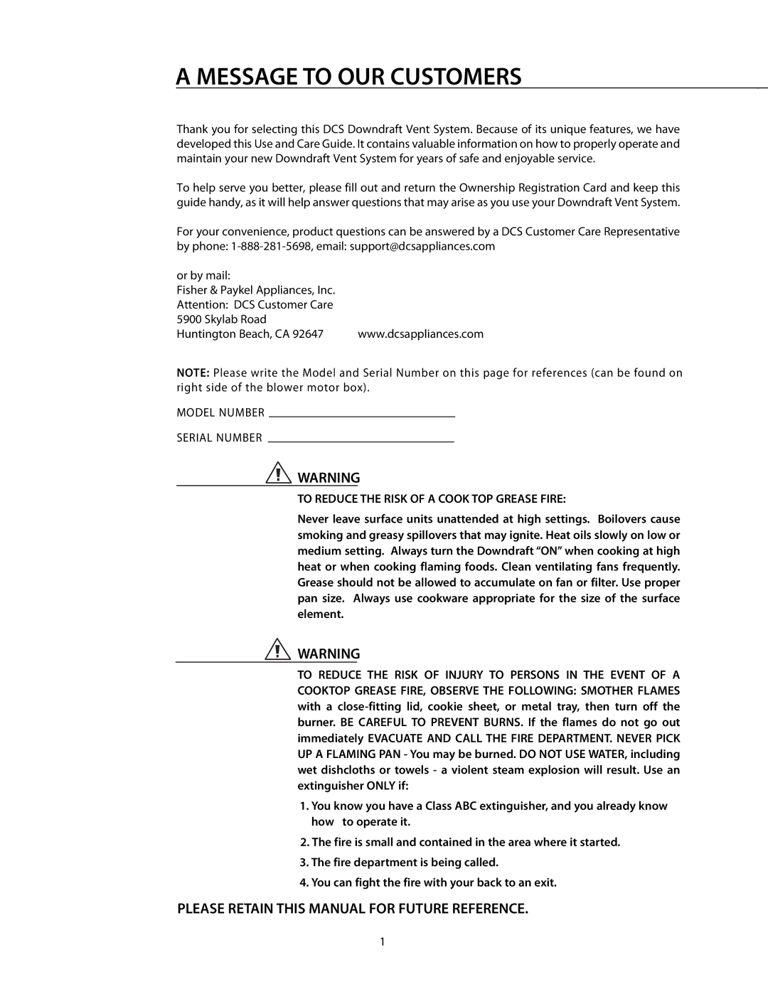 DCS DD-36SS, DD-30SS manual Message to OUR Customers, Please Retain this Manual for Future Reference 