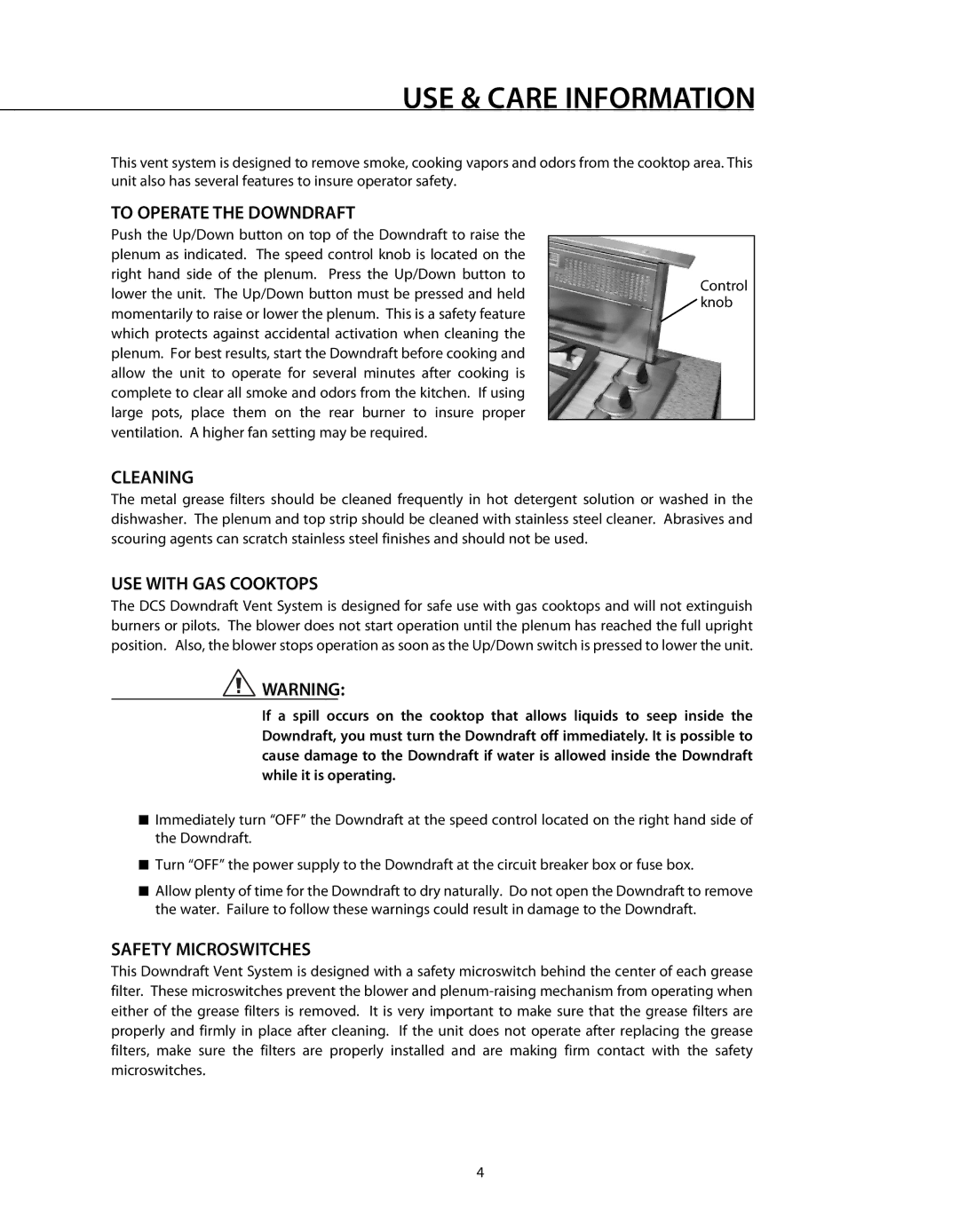 DCS DD-30SS manual USE & Care Information, To Operate the Downdraft, Cleaning, USE with GAS Cooktops, Safety Microswitches 