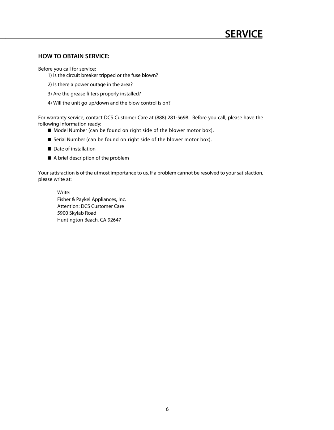 DCS DD-30SS, DD-36SS manual HOW to Obtain Service 