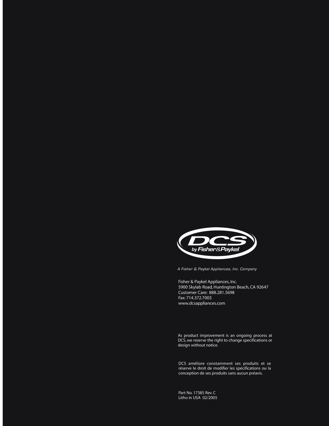 DCS DD-30SS, DD-36SS manual Fisher & Paykel Appliances, Inc 