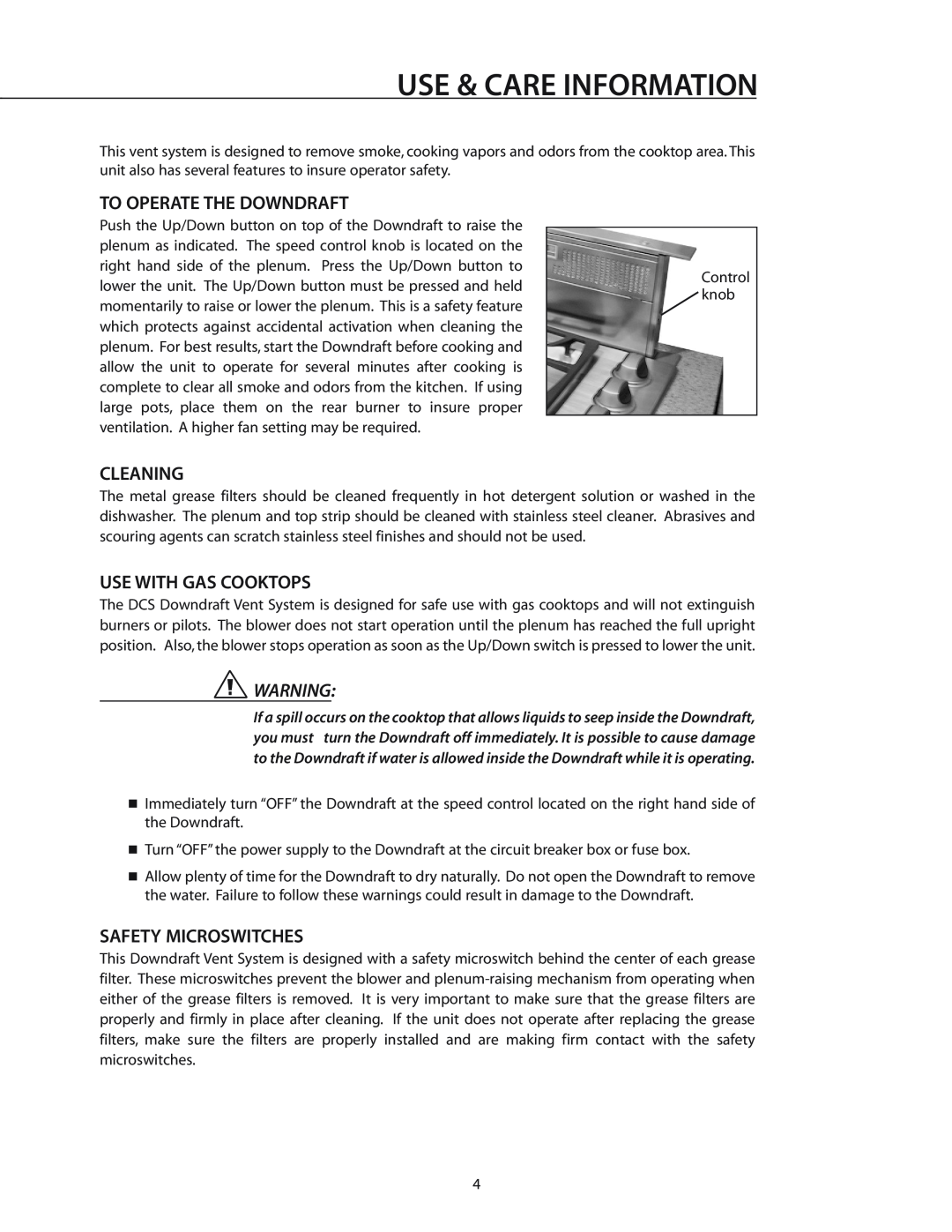 DCS DD-36SS manual Use & Care Information, To Operate The Downdraft, Cleaning, Use With Gas Cooktops, Safety Microswitches 