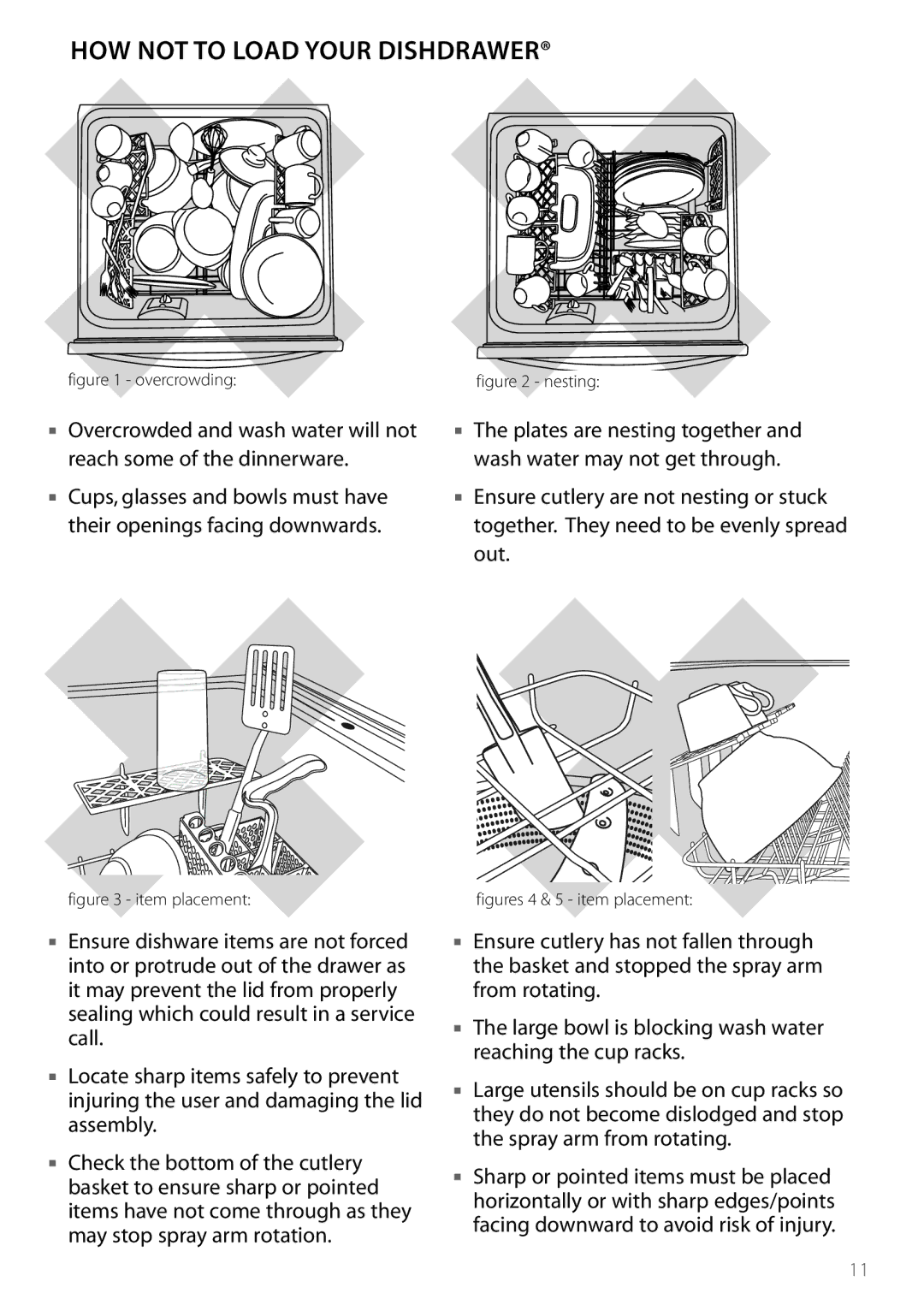 DCS DD124, DD224 manual HOW not to Load Your Dishdrawer, Overcrowding 