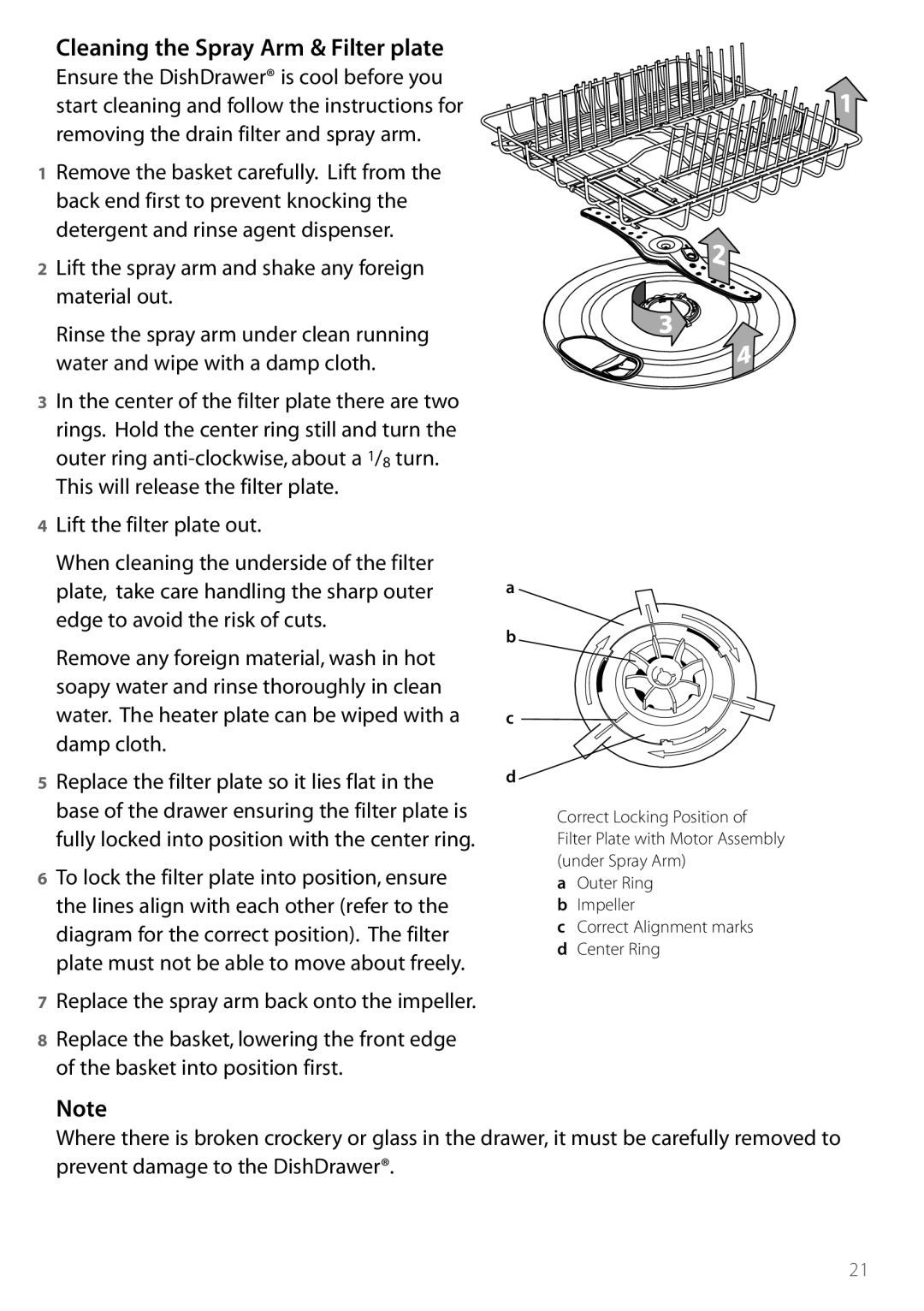 DCS DD124, DD224 manual Cleaning the Spray Arm & Filter plate 