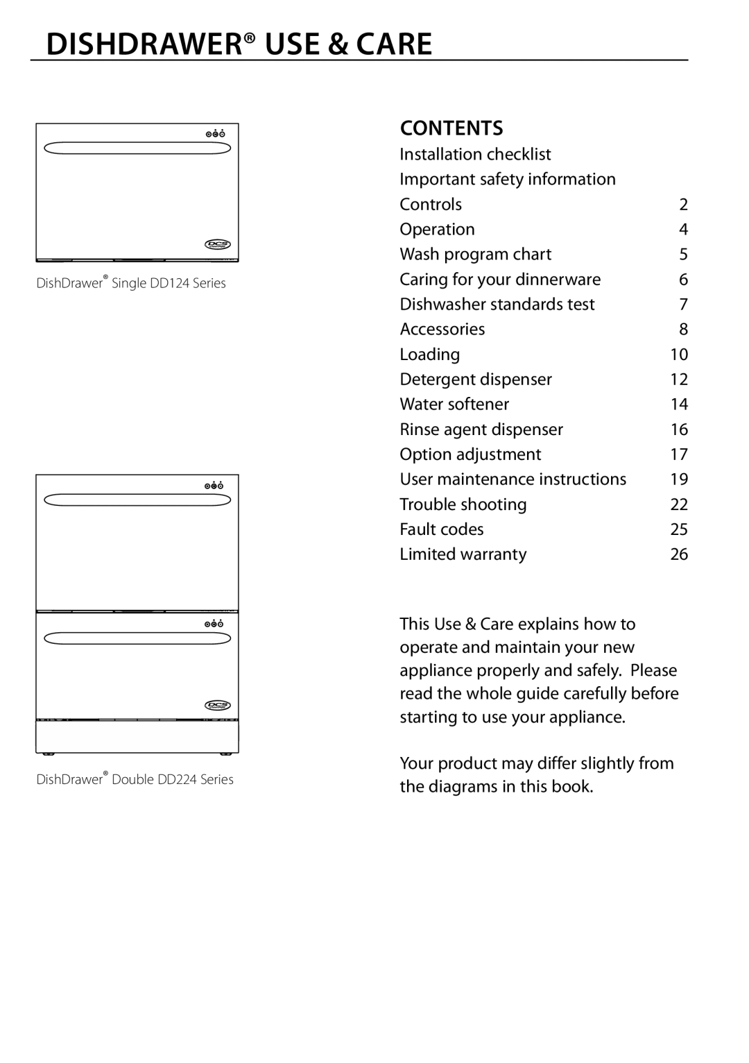 DCS DD124, DD224 manual Dishdrawer USE & Care, Contents 