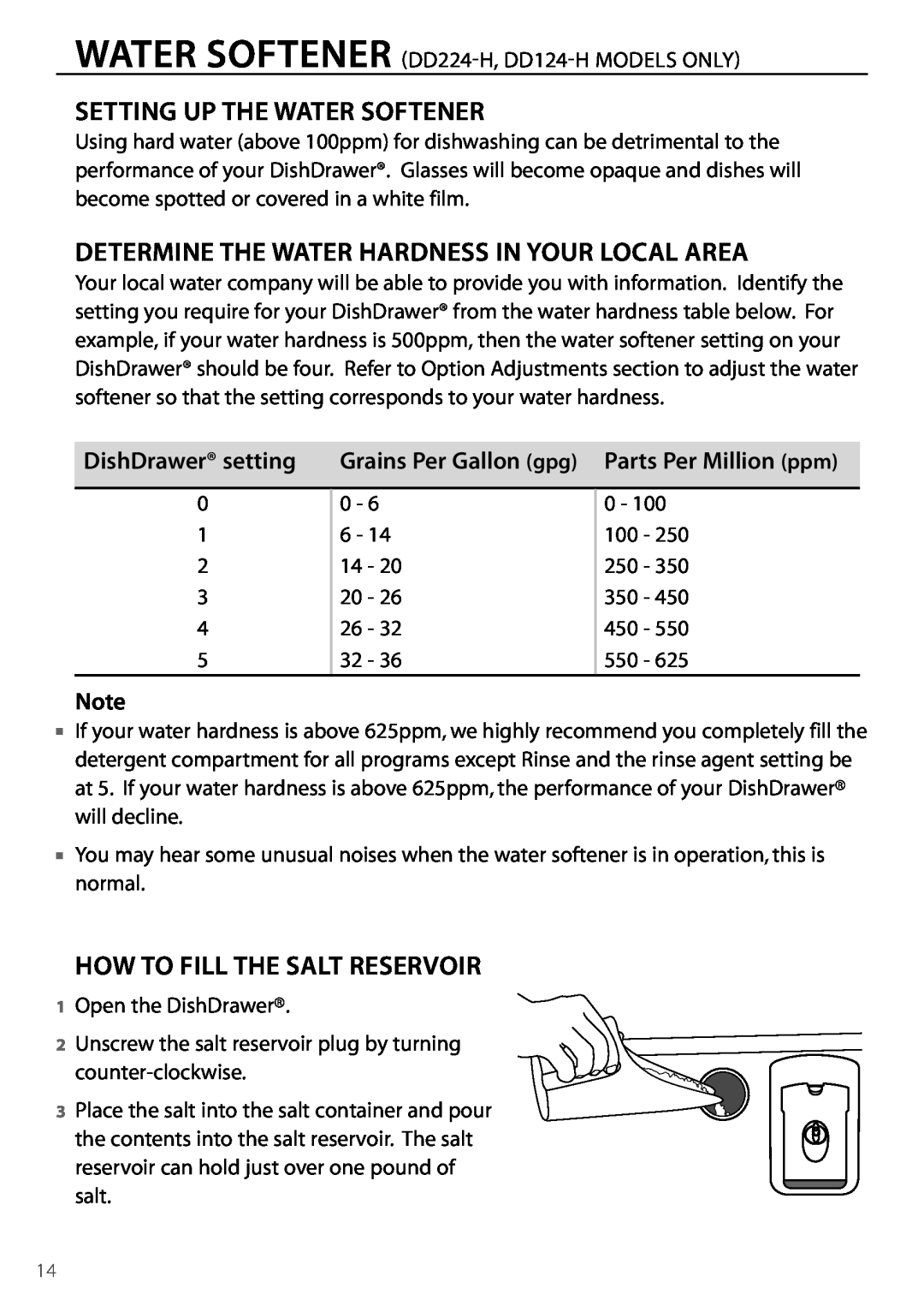 DCS DD224 Setting Up The Water Softener, Determine The Water Hardness In Your Local Area, How To Fill The Salt Reservoir 