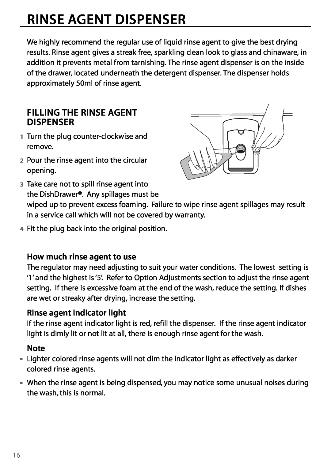 DCS DD224, DD124 manual Filling The Rinse Agent Dispenser 