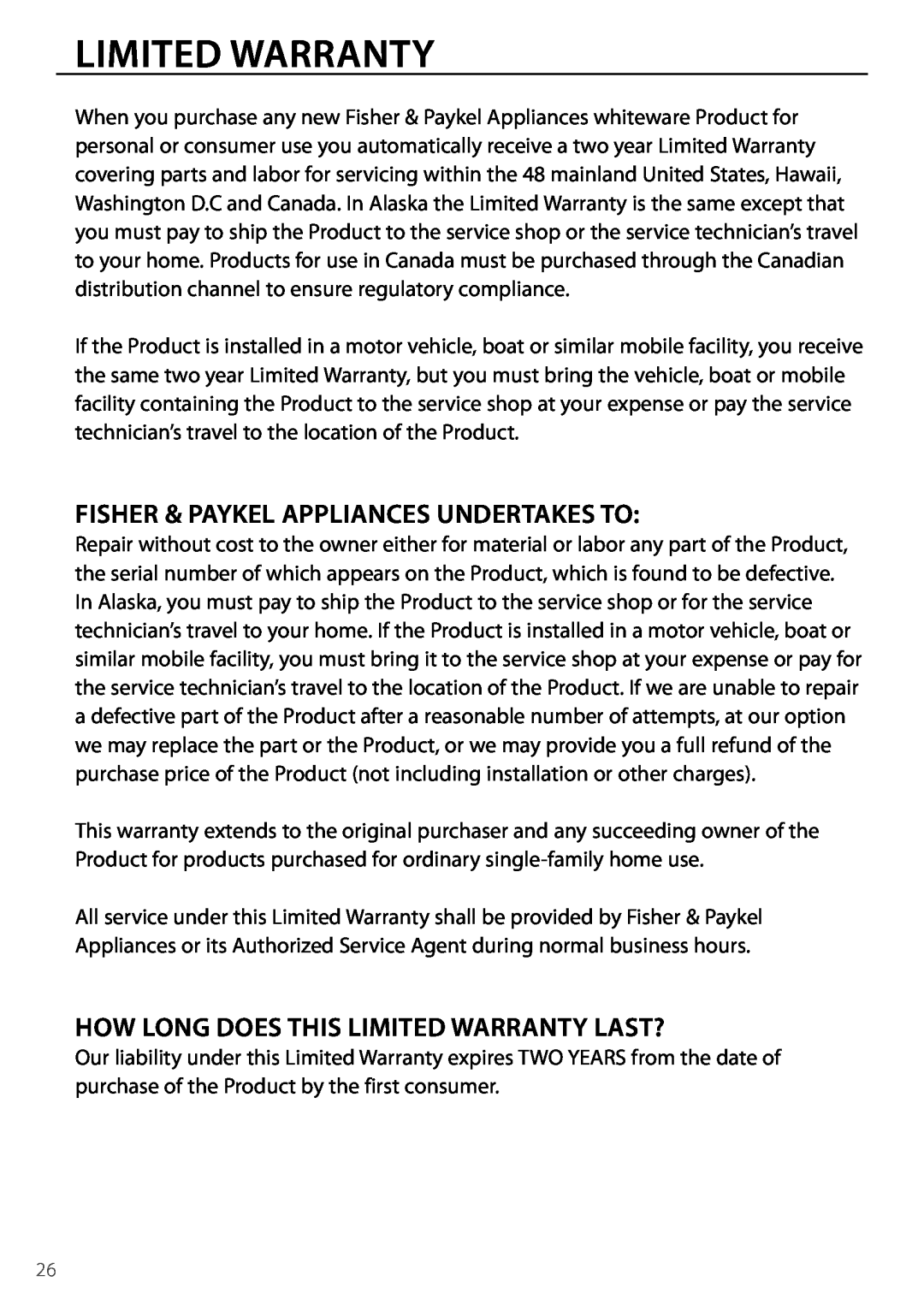 DCS DD224, DD124 manual Fisher & Paykel Appliances Undertakes To, How Long Does This Limited Warranty Last? 