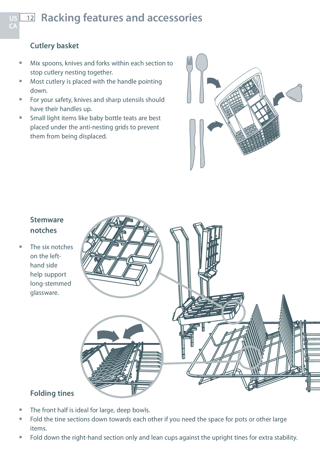 DCS DD24 manual Racking features and accessories, Cutlery basket, Folding tines, Stemware notches 