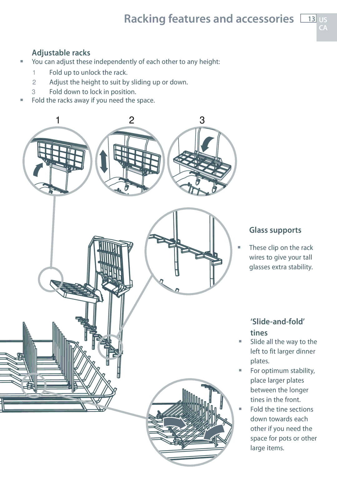 DCS DD24 manual Adjustable racks, Glass supports, ‘Slide-and-fold’ tines 